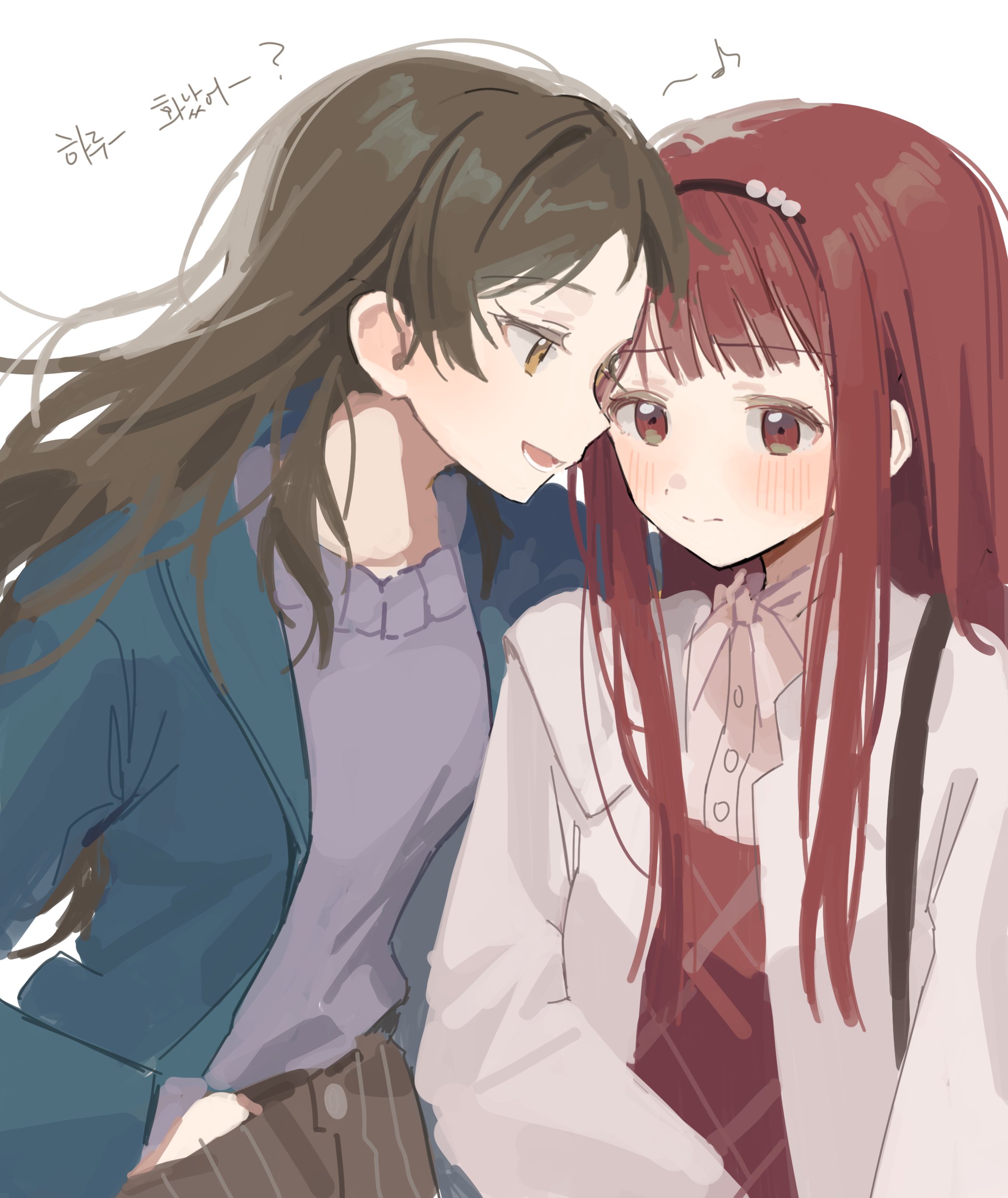 hano9789, kitazawa shiho, tanaka kotoha, idolmaster, idolmaster million live!, absurdres, highres, korean commentary, translation request, 2girls, blue jacket, blush, brown eyes, brown hair, closed mouth, jacket, korean text, long hair, long sleeves, looking at another, multiple girls, musical note, open clothes, open jacket, open mouth, red eyes, red hair, simple background, upper body, white background, white jacket, yuri