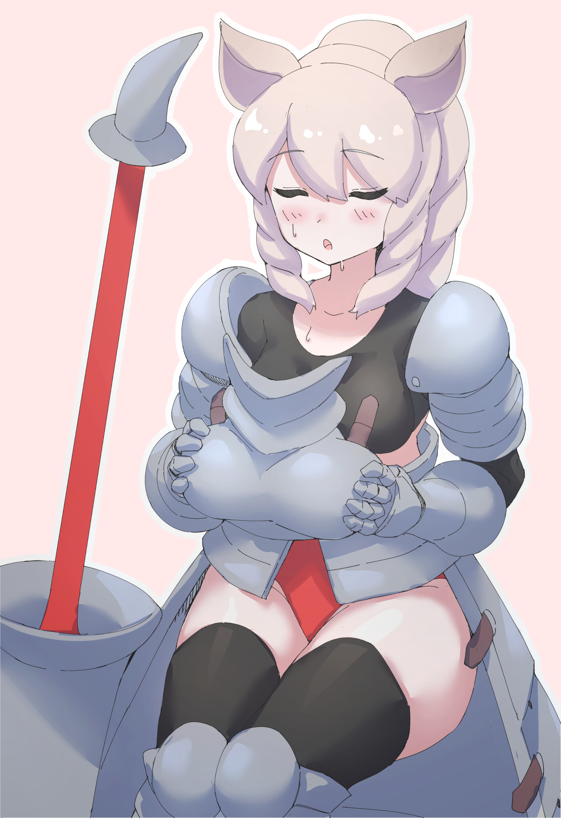 lowlandgorilla, white rhinoceros (kemono friends), kemono friends, highres, 1girl, animal ears, armor, black leotard, black thighhighs, blush, breastplate, closed eyes, collarbone, gauntlets, greaves, hair between eyes, leotard, long hair, long sleeves, multicolored leotard, open mouth, polearm, ponytail, red leotard, removing armor, rhinoceros ears, rhinoceros girl, rhinoceros tail, sidelocks, sitting, solo, spear, sweatdrop, thighhighs, two-tone leotard, vambraces, weapon, white hair