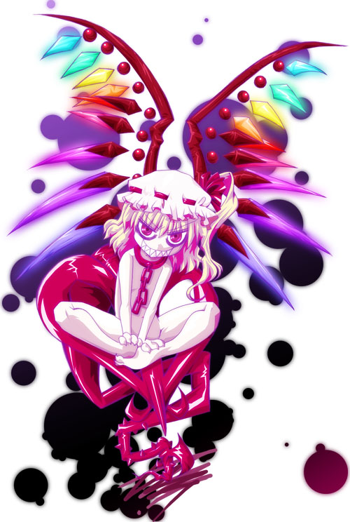 flandre scarlet, embodiment of scarlet devil, touhou, 1girl, chain, collar, crazy eyes, fangs, female focus, hat, mob cap, nude, rainbow order, sharp teeth, solo, teeth, white hat, wings, yandere