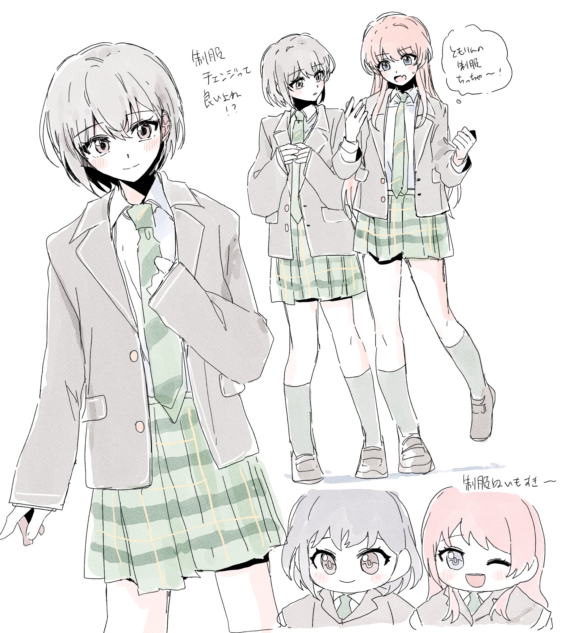 misumi suki, chihaya anon, takamatsu tomori, bang dream!, bang dream! it's mygo!!!!!, commentary request, highres, translation request, 2girls, blazer, blush, brown eyes, character doll, closed mouth, diagonal-striped clothes, diagonal-striped necktie, doll, fang, green necktie, green skirt, grey hair, grey jacket, haneoka school uniform, jacket, multiple girls, necktie, one eye closed, open clothes, open jacket, open mouth, pink hair, plaid clothes, plaid skirt, pleated skirt, school uniform, short hair, skin fang, skirt, sleeves past wrists, striped clothes
