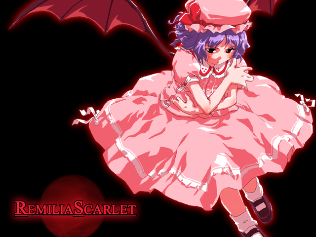 remilia scarlet, touhou, 1girl, bat wings, female focus, hat, pink hat, purple hair, red eyes, ribbon, short hair, solo, wings
