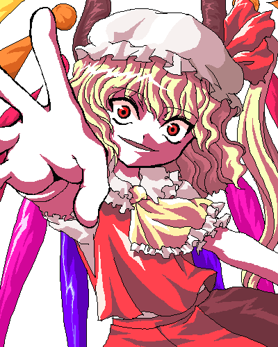 narumi yuzurai, yuki narumi, flandre scarlet, touhou, lowres, 1girl, ascot, blonde hair, collar, dress, female focus, frilled collar, frilled hat, frilled sleeves, frills, hat, long hair, looking at viewer, mob cap, necktie, oekaki, outstretched hand, reaching, reaching towards viewer, red dress, red eyes, red shirt, red skirt, shirt, short sleeves, side ponytail, skirt, smile, solo, white background, wings
