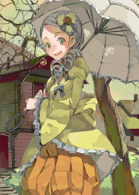 fakepucco, kanaria, rozen maiden, 00s, 1girl, :d, bare tree, black bow, blush, bow, building, bush, chimney, dress, drill hair, female focus, frilled sleeves, frilled umbrella, frills, green dress, green eyes, green sky, grey hair, hair ornament, heart, heart hair ornament, holding, holding umbrella, house, long sleeves, looking at viewer, open mouth, orange pants, outdoors, pants, parasol, parted lips, plant, puffy long sleeves, puffy sleeves, rooftop, short hair, sky, smile, solo, standing, tree, twin drills, umbrella, wide sleeves