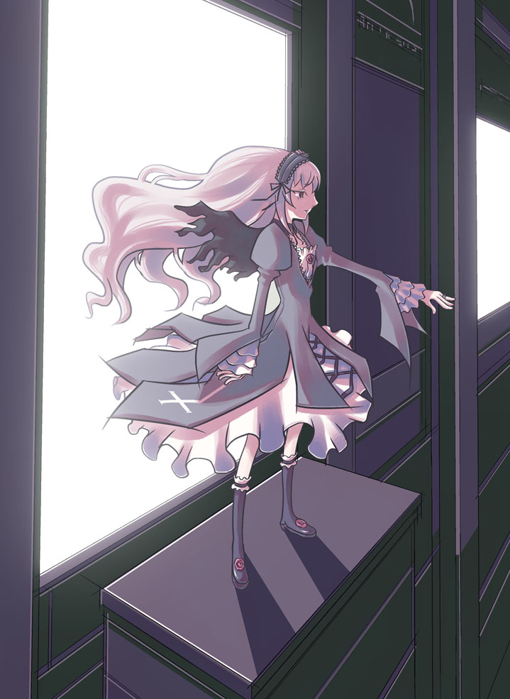 mao (daiou), suigintou, rozen maiden, looking away, silver hair, 00s, 1girl, black wings, boots, dress, expressionless, female focus, floating hair, flower, frills, full body, hairband, long hair, long sleeves, outstretched hand, puffy sleeves, rose, solo, very long hair, window, wings
