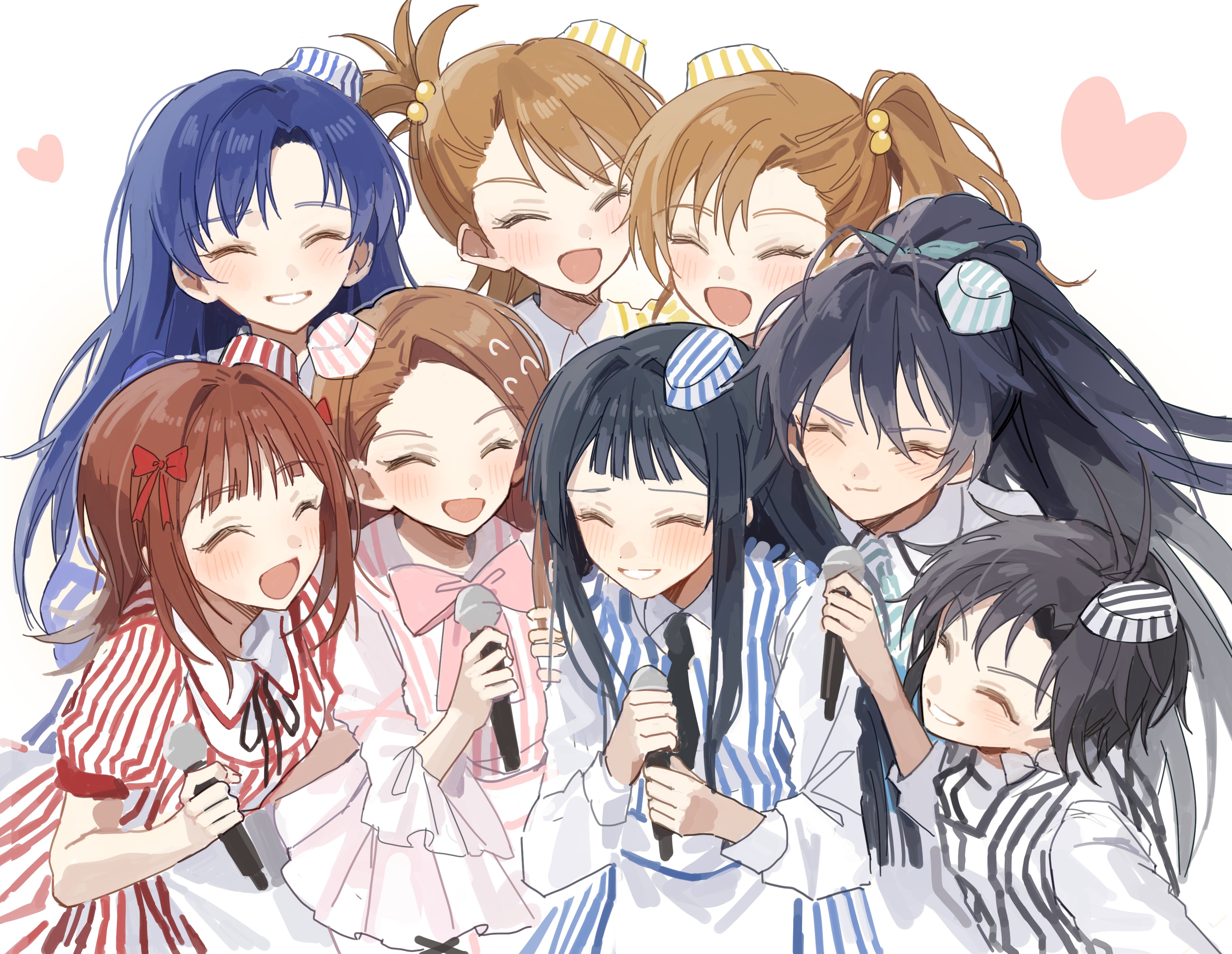 hano9789, amami haruka, futami ami, futami mami, ganaha hibiki, kikuchi makoto, kisaragi chihaya, minase iori, mogami shizuka, idolmaster, idolmaster (classic), idolmaster million live!, absurdres, highres, 6+girls, :d, antenna hair, black hair, blue hair, bow, bowtie, brown hair, closed eyes, grin, hat, heart, long hair, mini hat, multiple girls, open mouth, pinstripe pattern, ponytail, side ponytail, simple background, smile, white background