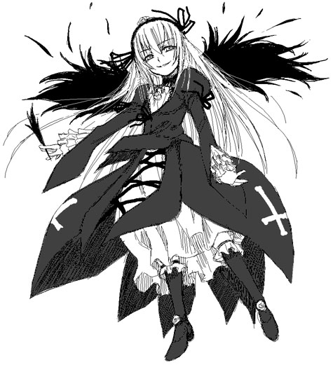 satou atsuki, suigintou, rozen maiden, 00s, 1girl, cross, dress, feathered wings, feathers, female focus, flower, gothic lolita, greyscale, grin, hairband, high heels, inverted cross, latin cross, lolita fashion, lolita hairband, long hair, long sleeves, monochrome, puffy long sleeves, puffy sleeves, ribbon, rose, simple background, smile, solo, white background, wings