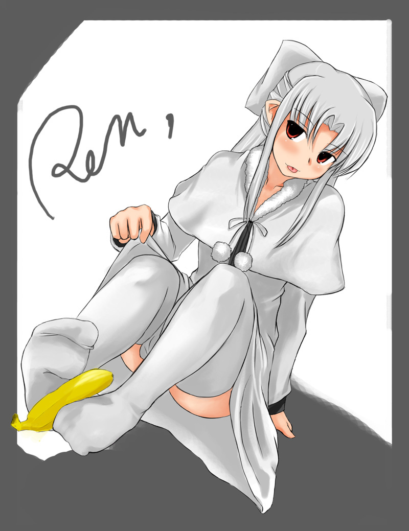 itou ryuusei, sanbi, white len (tsukihime), tsukihime, 00s, 1girl, :p, alternate legwear, arm support, banana, blush, border, bow, capelet, character name, dress, dutch angle, feet, female focus, flat chest, food, footjob, fruit, full body, fur trim, hair bow, half updo, long hair, long sleeves, looking at viewer, pointy ears, pom pom (clothes), red eyes, sexually suggestive, sidelocks, simple background, sitting, skirt hold, solo, thighhighs, tongue, tongue out, white background, white hair