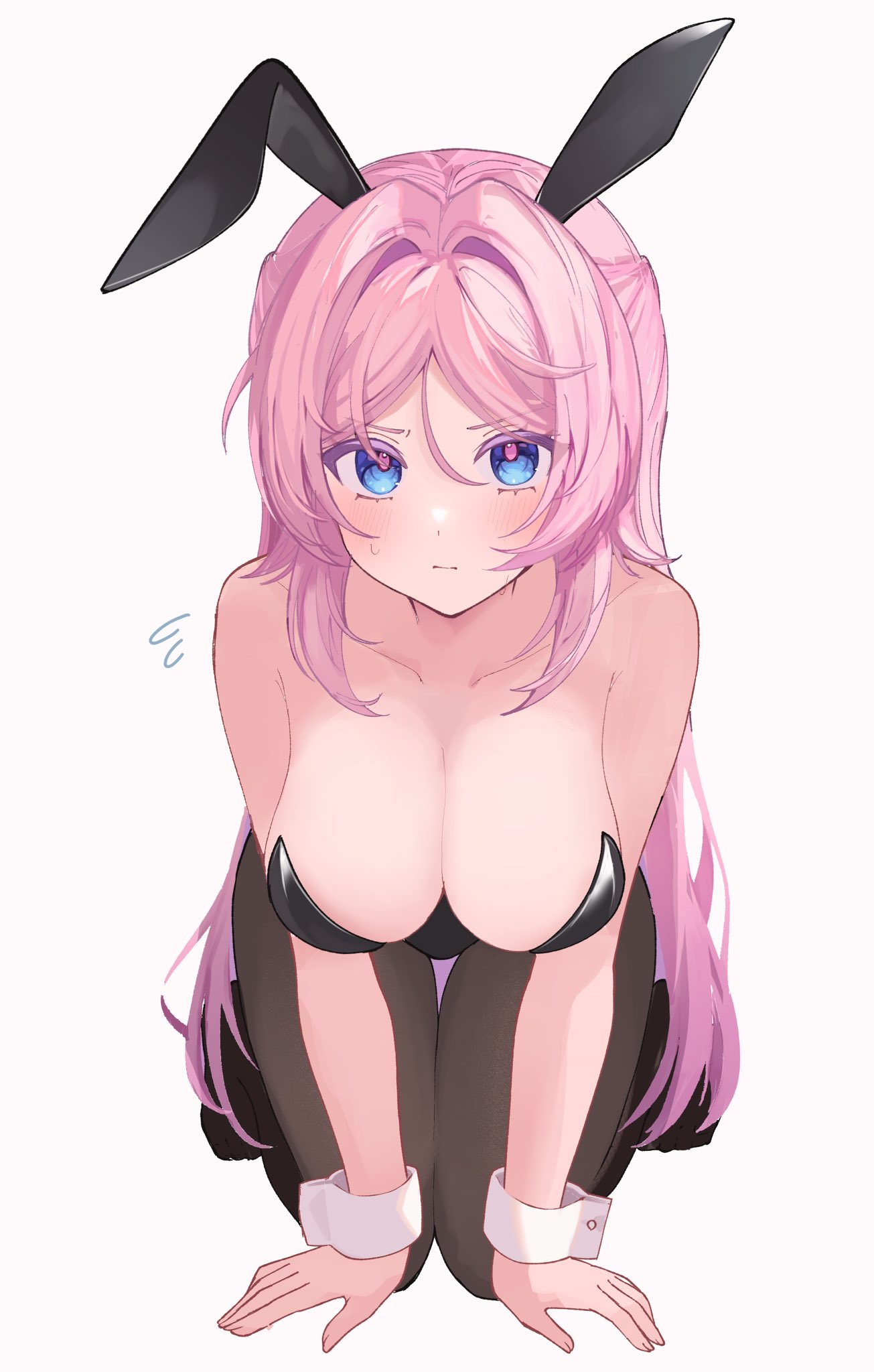 tsyumaru (tyuryumaryu), citlali (genshin impact), genshin impact, commentary request, highres, 1girl, all fours, animal ears, bare shoulders, black leotard, black pantyhose, blue eyes, blush, breasts, bunny day, cleavage, closed mouth, collarbone, fake animal ears, large breasts, leotard, long hair, looking at viewer, pantyhose, pink hair, pink pupils, playboy bunny, rabbit ears, simple background, small sweatdrop, solo, strapless, strapless leotard, very long hair, white background, white wrist cuffs, wrist cuffs