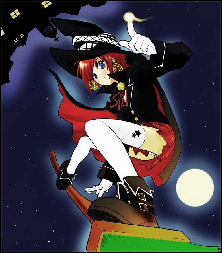 takano saki, original, 1girl, ankle boots, belt boots, boots, broom, broom riding, broom surfing, female focus, full moon, moon, night, shoe soles, solo, thighhighs, witch