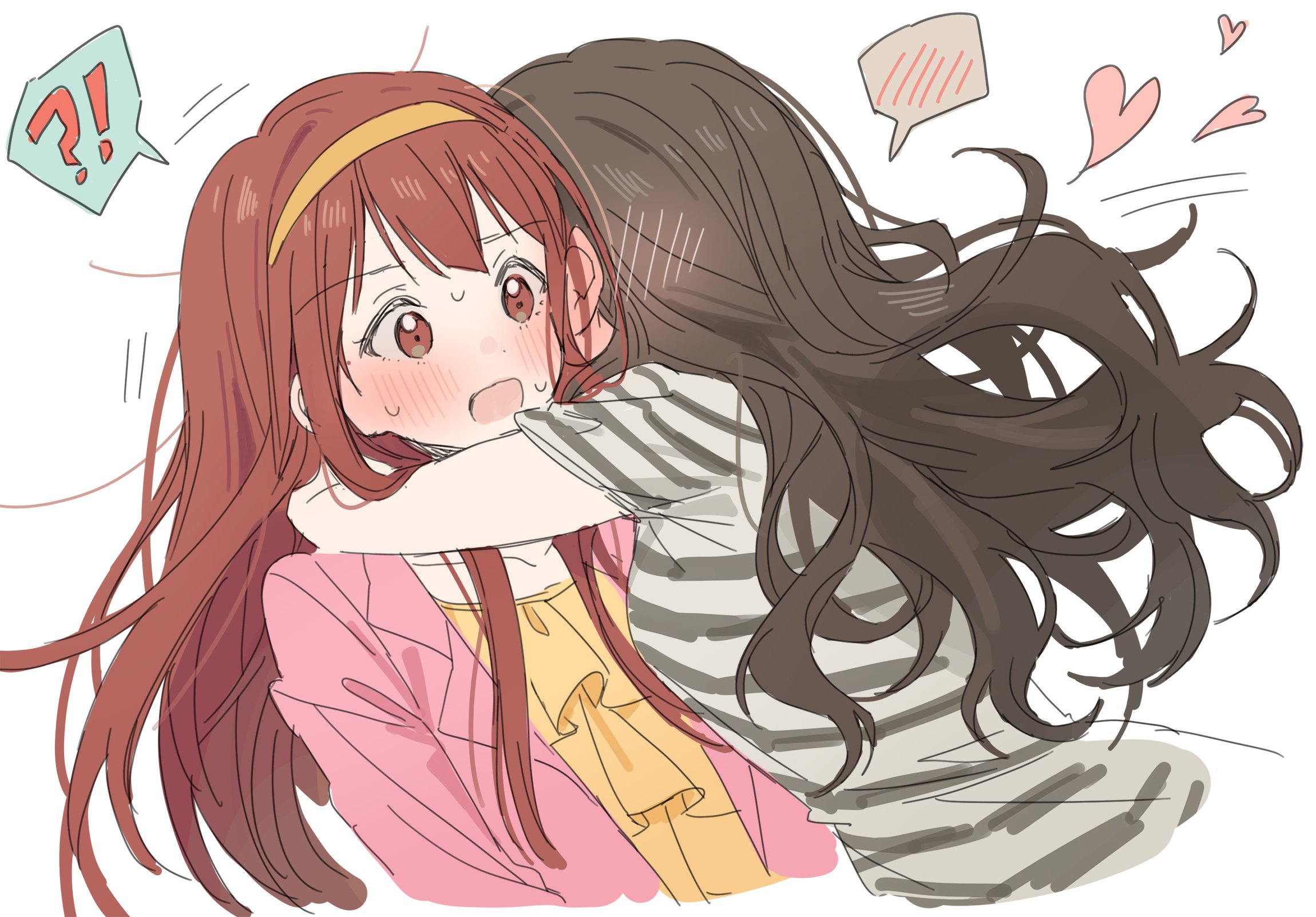 hano9789, kitazawa shiho, tanaka kotoha, idolmaster, idolmaster million live!, highres, !?, 2girls, blush, brown hair, hairband, heart, hug, jacket, long hair, loose hair strand, multiple girls, open clothes, open jacket, open mouth, pink jacket, red eyes, red hair, shirt, short sleeves, simple background, speech bubble, spoken blush, striped clothes, striped shirt, upper body, white background, yellow hairband, yuri