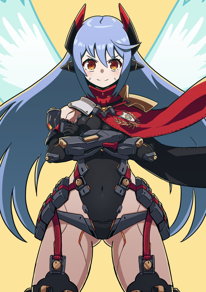 cianter, poppi (xenoblade), poppi qtpi (xenoblade), xenoblade chronicles (series), xenoblade chronicles 2, commentary, english commentary, 1girl, android, black leotard, breasts, brown eyes, closed mouth, covered navel, crossed arms, floating hair, gluteal fold, hair between eyes, joints, leotard, long hair, medium breasts, purple hair, robot joints, smile, solo, v-shaped eyebrows, very long hair