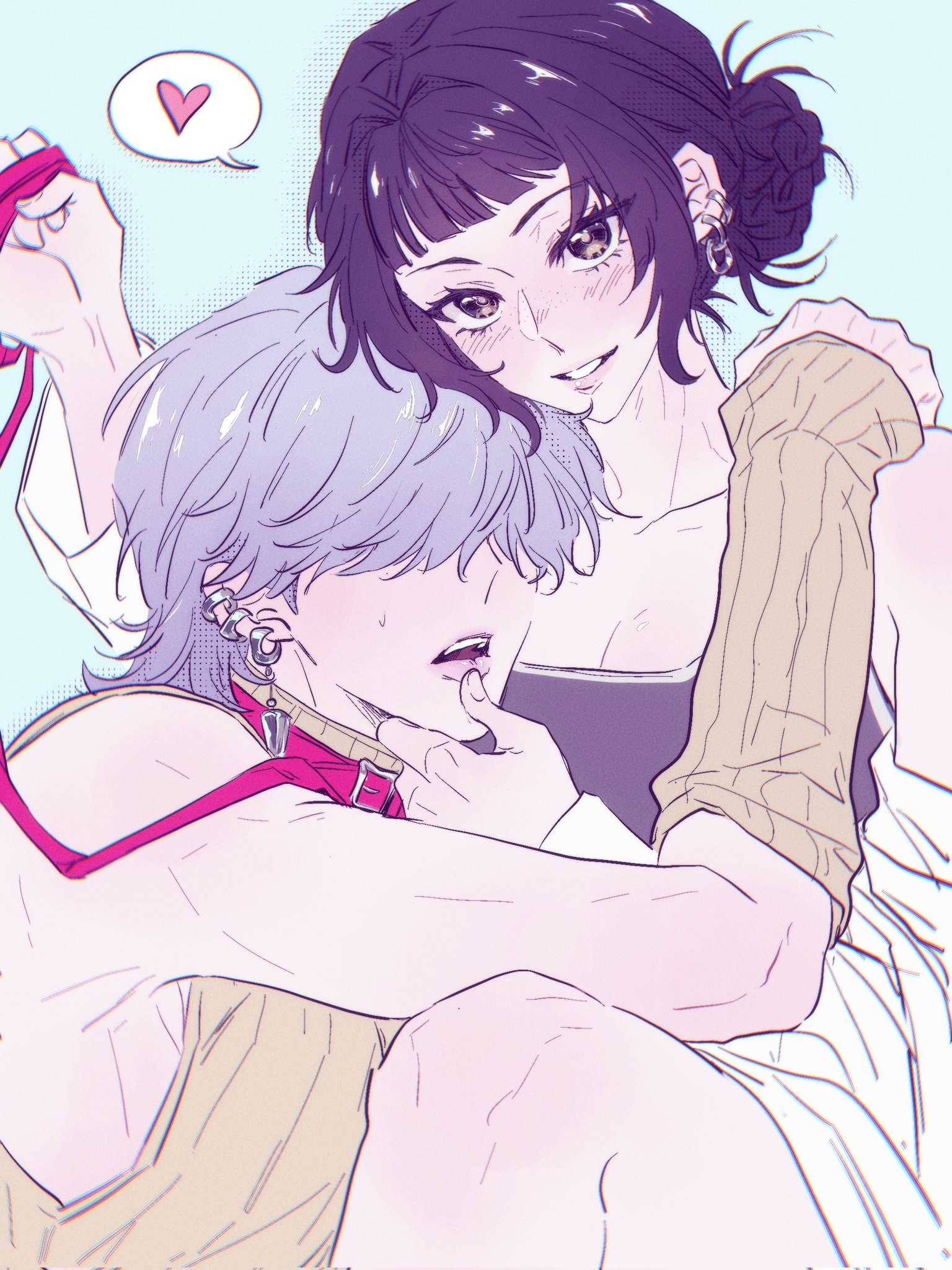 1008 redd, mystery (kpop demon hunter), zoey (kpop demon hunters), kpop demon hunters, 1boy, 1girl, black hair, blush, ear piercing, hair over eyes, heart, leash, looking at viewer, piercing, purple eyes, speech bubble, spoken heart
