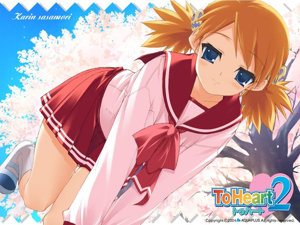 kawata hisashi, sasamori karin, to heart (series), to heart 2, official art, official wallpaper, 00s, 1girl, blue eyes, character name, cherry blossoms, copyright name, female focus, hair ornament, hairclip, orange hair, pleated skirt, school uniform, serafuku, skirt, solo, twintails
