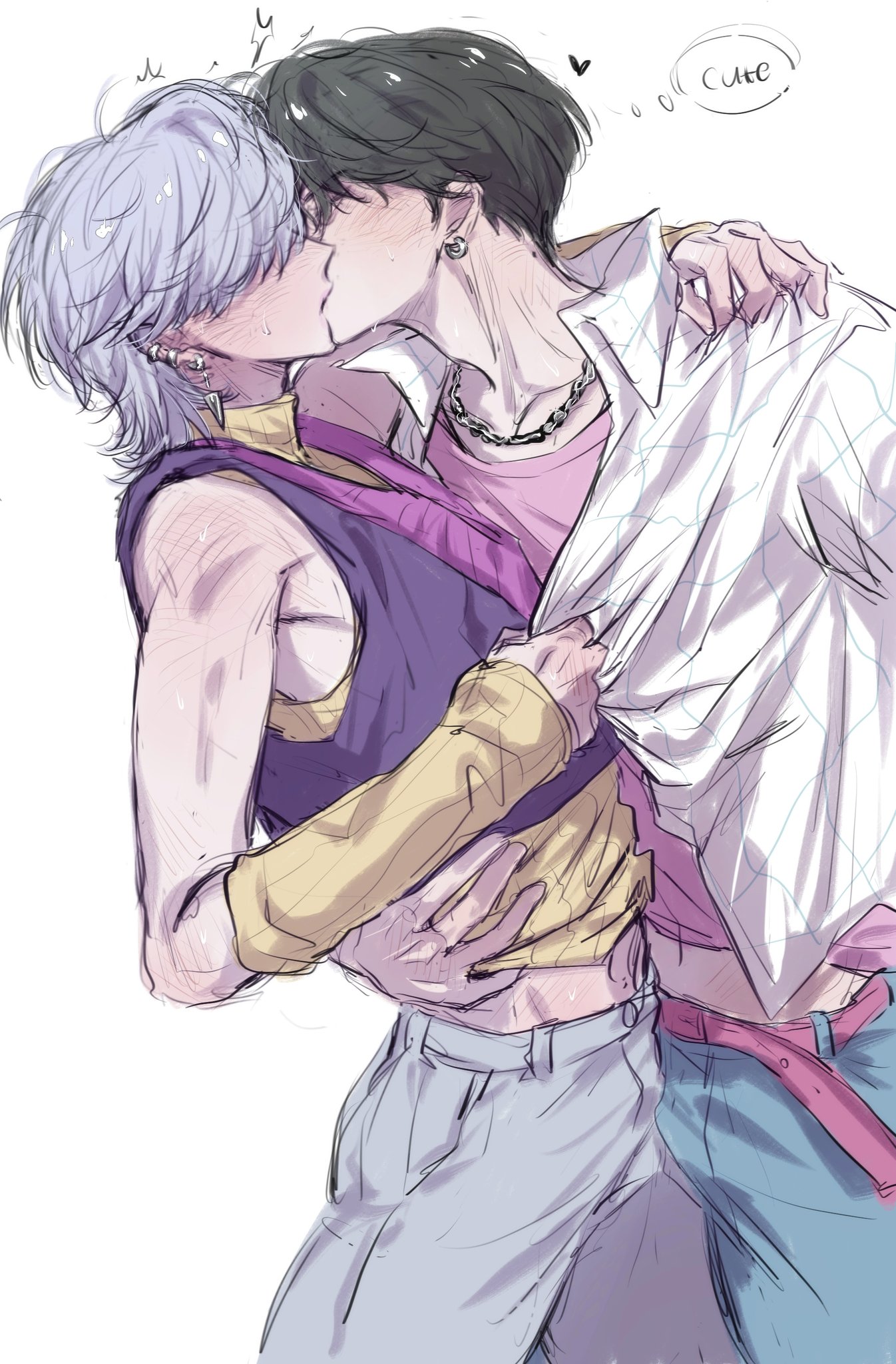 1008 redd, jinu (kpop demon hunters), mystery (kpop demon hunter), kpop demon hunters, 2boys, belt, black hair, blush, denim, english text, hair over eyes, heart, jeans, kiss, multiple boys, pants, purple hair, simple background, speech bubble, thought bubble, white background, yaoi