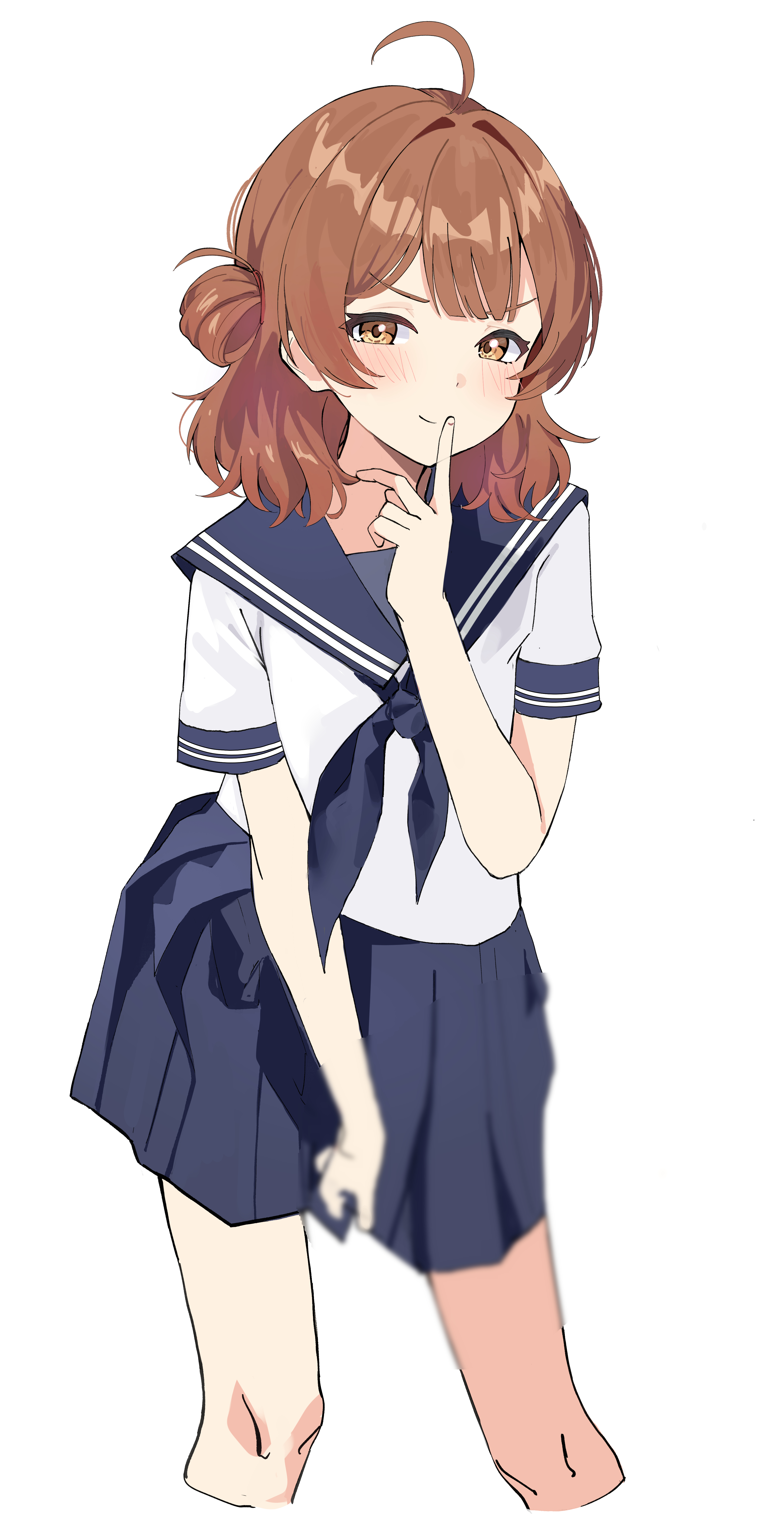 aweqdre, hanami ume, gakuen idolmaster, idolmaster, absurdres, commentary, highres, 1girl, ahoge, alternate costume, bare arms, bare legs, blue neckerchief, blue sailor collar, blue skirt, blush, brown hair, cropped legs, finger to mouth, looking at viewer, neckerchief, orange hair, pleated skirt, sailor collar, school uniform, serafuku, shirt, short sleeves, simple background, skirt, smile, solo, summer uniform, white background, white shirt