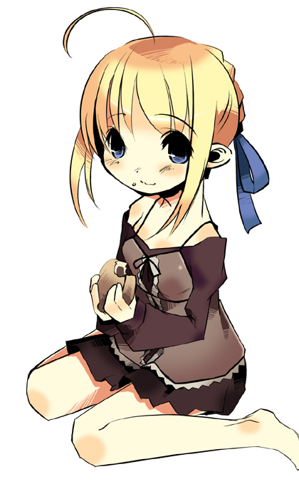 mikage sekizai, artoria pendragon (fate), saber (fate), fate/stay night, fate (series), 00s, barefoot, child, flat chest, food, official alternate costume, ribbon, solo