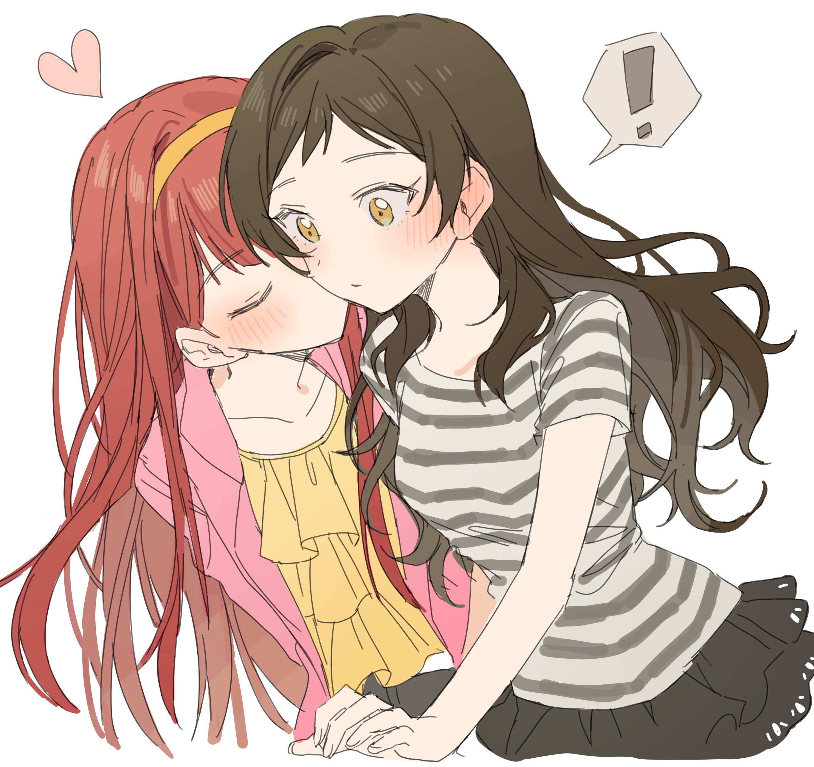 hano9789, kitazawa shiho, tanaka kotoha, idolmaster, idolmaster million live!, absurdres, highres, !, 2girls, black skirt, blush, brown eyes, brown hair, closed eyes, closed mouth, ear blush, hairband, heart, jacket, kiss, kissing cheek, long hair, multiple girls, open clothes, open jacket, pink jacket, red hair, shirt, short sleeves, simple background, skirt, speech bubble, spoken exclamation mark, striped clothes, striped shirt, white background, yellow hairband, yuri