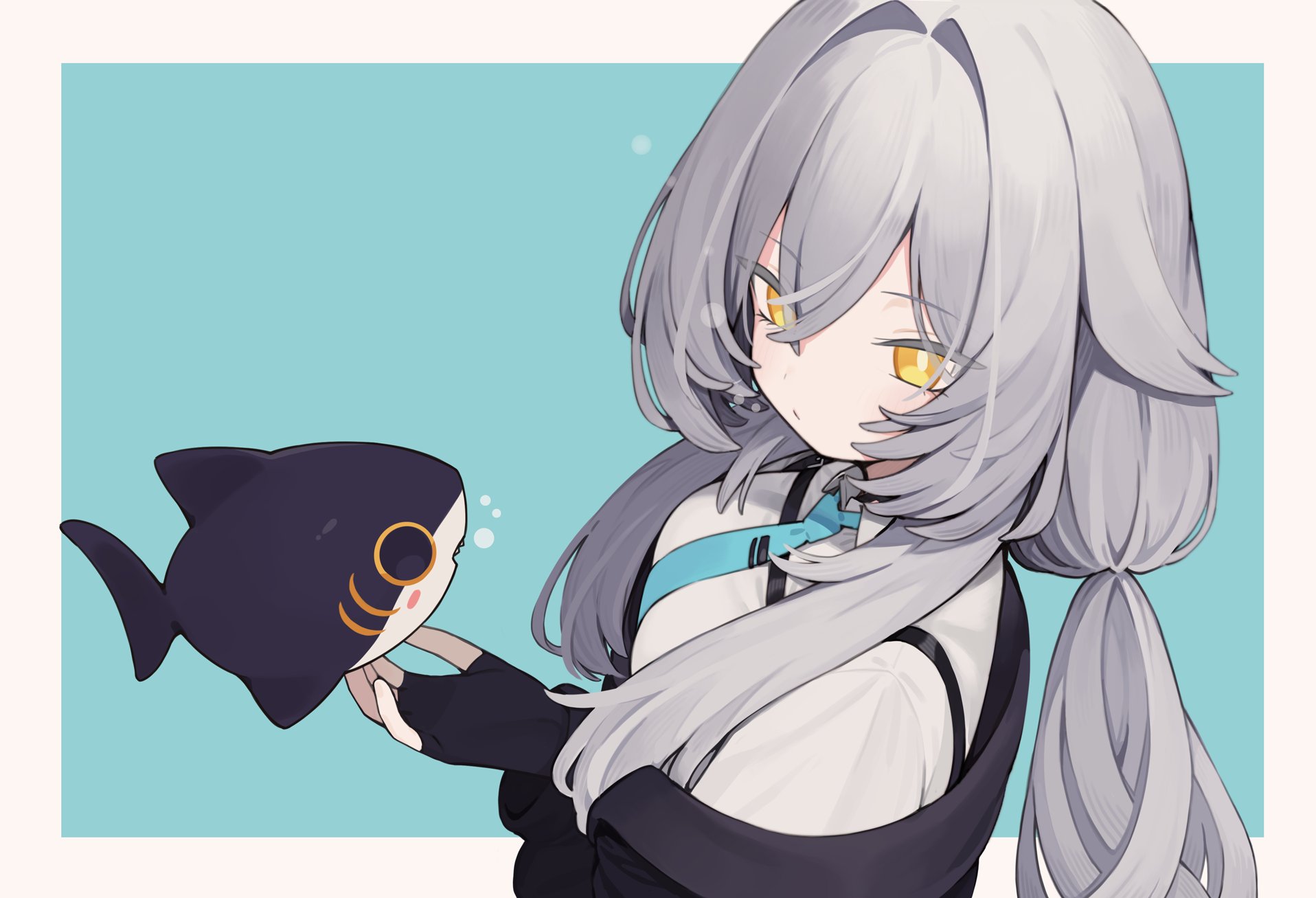seramikku, rurune (vrchat), vrchat, animal request, character request, check character, commentary request, highres, 1girl, animal, black gloves, black jacket, blue background, blue necktie, border, collared shirt, fingerless gloves, gloves, grey border, grey hair, hair between eyes, hair flaps, hair intakes, jacket, long hair, looking at viewer, looking to the side, low ponytail, necktie, off shoulder, open clothes, open jacket, orange eyes, ponytail, shirt, solo, tie clip, white shirt
