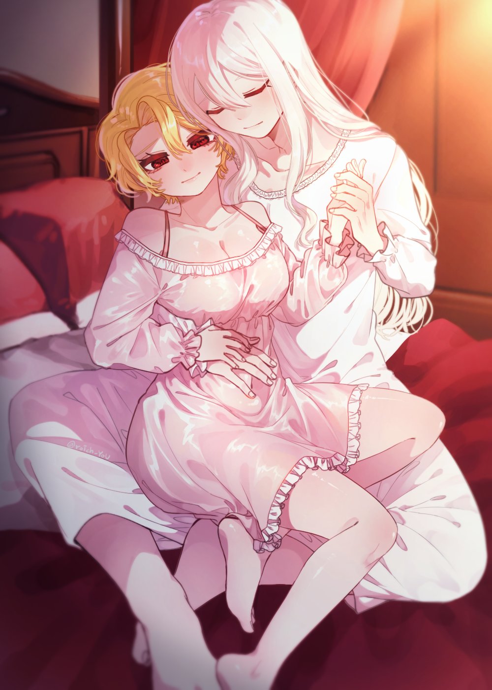 pmchell 04, don quixote (project moon), sancho (project moon), limbus company, project moon, highres, 1boy, 1girl, bed, bedroom, blonde hair, blush, breasts, canopy bed, cleavage cutout, closed eyes, closed mouth, clothing cutout, hand grab, hand on own stomach, head rest, la manchaland's don quixote (project moon), lace, large breasts, leaning on person, lingerie, long hair, long sleeves, looking down, nightgown, off shoulder, on bed, pink nightgown, red eyes, shiny skin, short hair, sitting, sitting on lap, sitting on person, slit pupils, smile, underwear, wavy hair, white hair, white nightgown