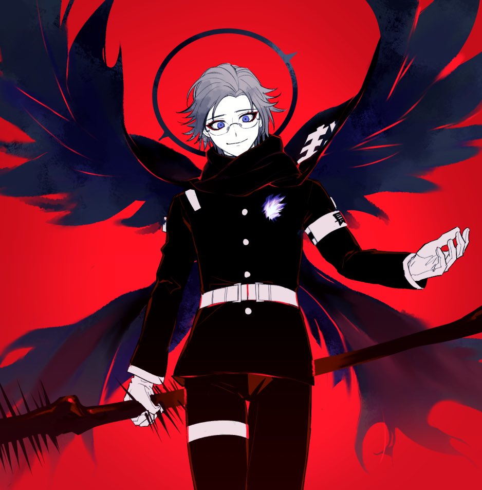 seiran yoroz, aotsuki eito, the hundred line -last defense academy-, commentary request, spoilers, 1boy, armband, belt, black halo, cowboy shot, eyeliner, gakuran, glasses, gloves, halo, holding, holding weapon, impaled, last defense academy school uniform, looking at viewer, makeup, male focus, multiple wings, official alternate hairstyle, purple eyes, red background, red eyeliner, school uniform, short hair, solo, spikes, weapon, white armband, white belt, white gloves, wing cape, wings