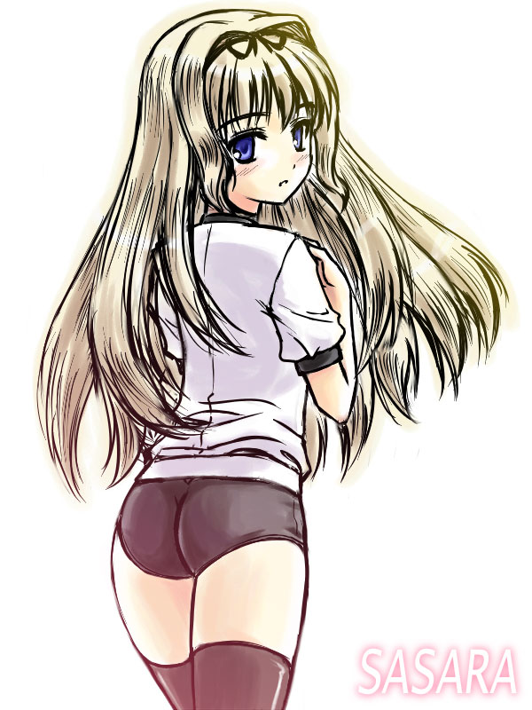 masakichi (crossroad), kusugawa sasara, to heart (series), to heart 2, 00s, 1girl, ass, blonde hair, blue eyes, buruma, character name, female focus, from behind, gym uniform, hair ribbon, looking at viewer, looking back, ribbon, simple background, solo, thighhighs, white background