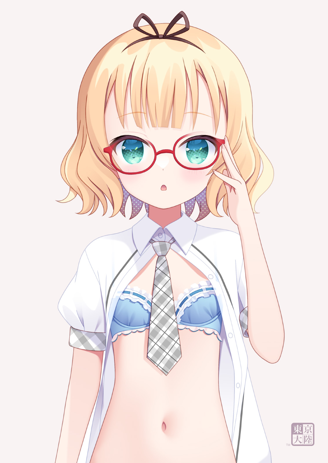 kurasawa kyoushou, kirima syaro, gochuumon wa usagi desu ka?, commentary, highres, 1girl, :o, aqua eyes, artist logo, bare arms, bespectacled, blonde hair, blue bra, bra, breasts, frilled bra, frills, glasses, grey background, hand on headwear, logo, looking at viewer, navel, necktie, open clothes, open shirt, plaid clothes, plaid necktie, plaid trim, puffy short sleeves, puffy sleeves, red-framed eyewear, school uniform, shirt, short hair, short sleeves, simple background, small breasts, solo, stomach, straight-on, tedeza rize's school uniform, underwear, upper body, white shirt