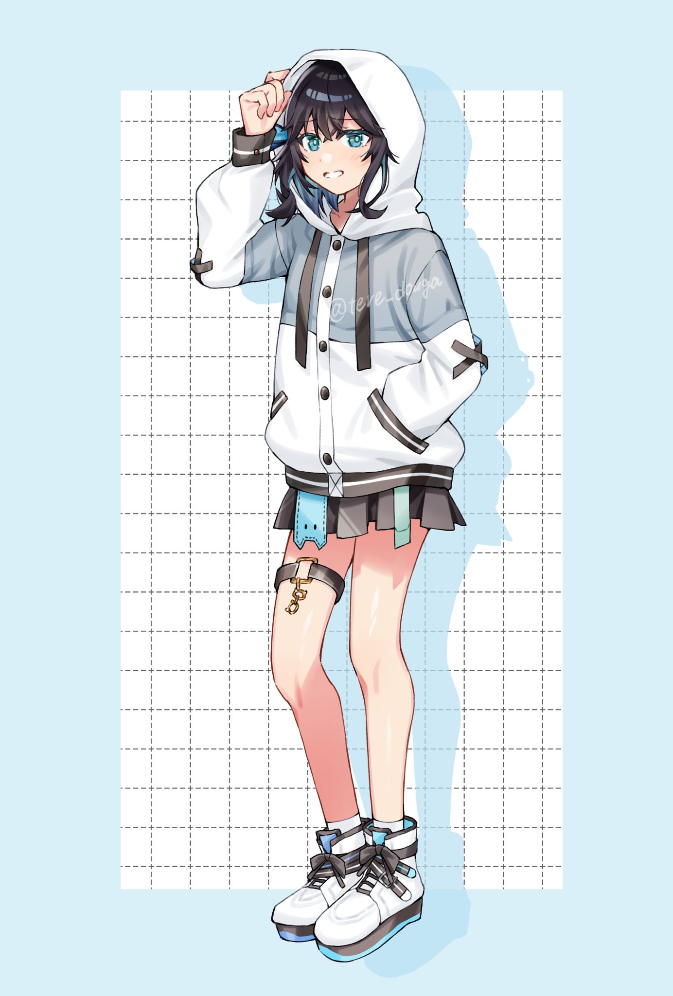 tere douga, miyamai moca, voicepeak, highres, 1girl, black hair, blue eyes, buttons, drop shadow, full body, grid background, hand in pocket, hand up, hood, hood up, hooded jacket, jacket, long sleeves, looking at viewer, miniskirt, outside border, pleated skirt, shoes, skirt, solo, standing, thigh strap, white jacket, white shoes