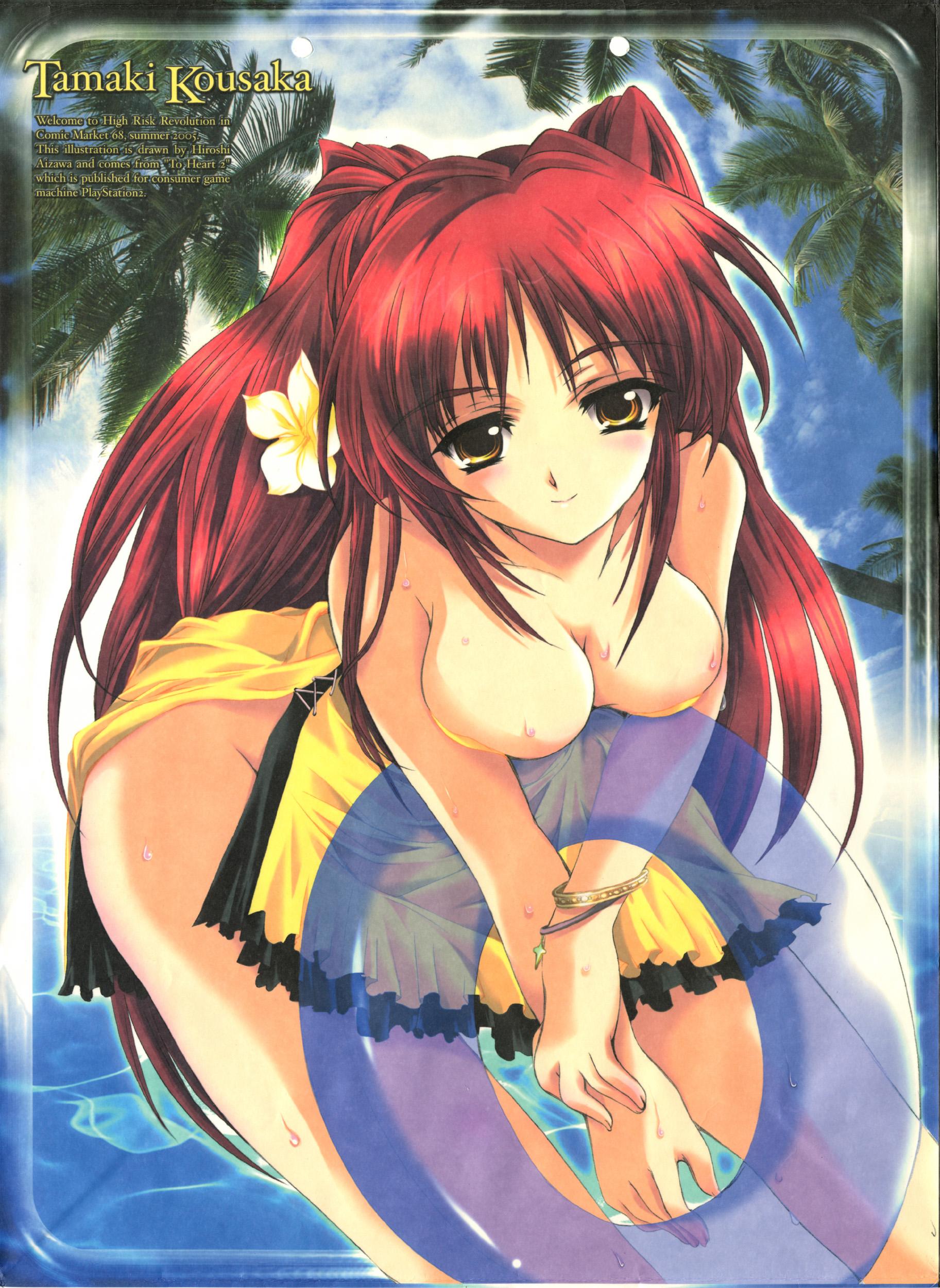aizawa hiroshi, kousaka tamaki, to heart 2, absurdres, highres, blush, breast press, breasts, brown eyes, cleavage, dress, innertube, long hair, red hair