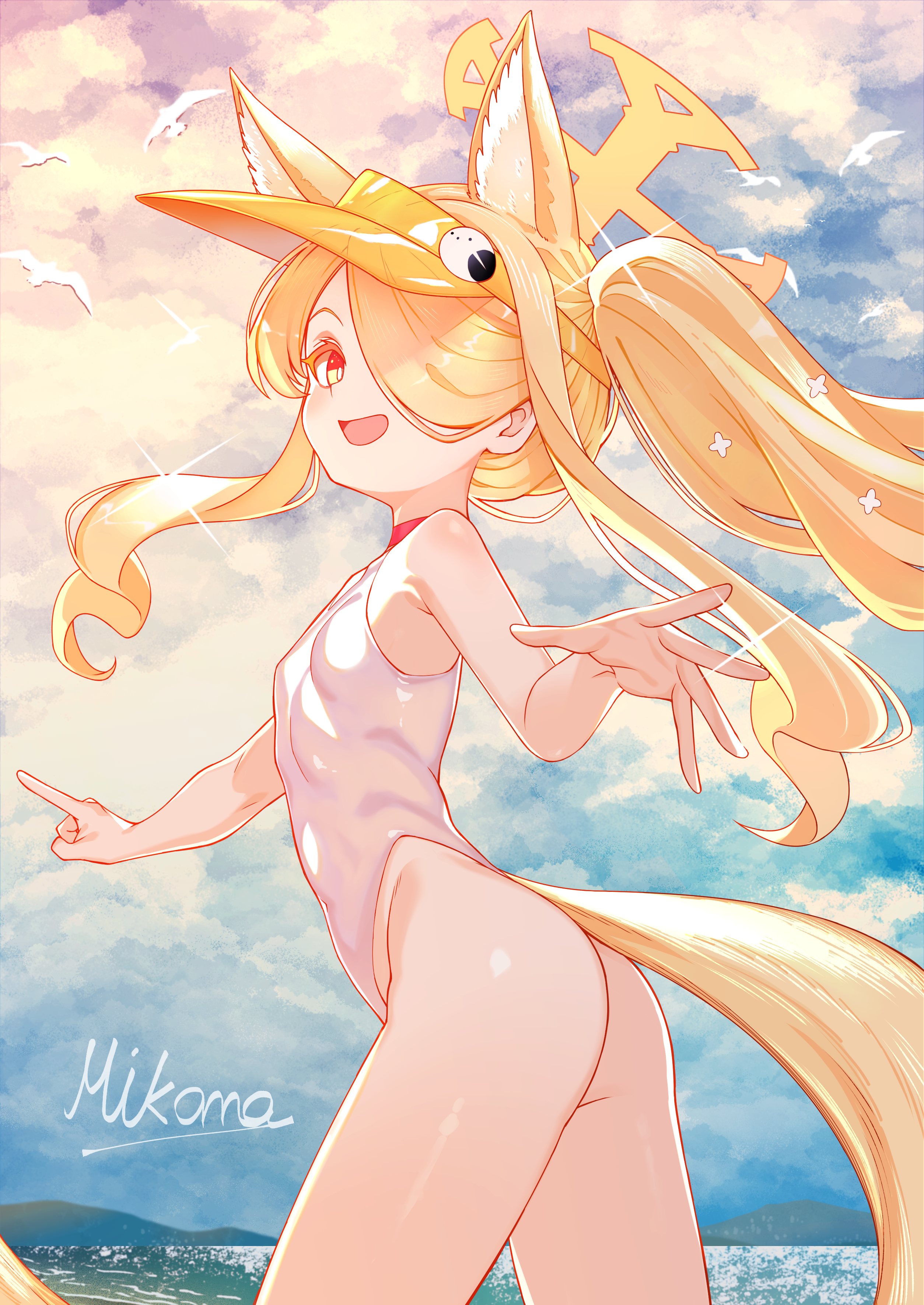 mikoma sanagi, seia (blue archive), seia (swimsuit) (blue archive), blue archive, absurdres, highres, 1girl, animal ear fluff, animal ears, ass, bare shoulders, beach, bird, blonde hair, blue sky, blush, breasts, forehead, fox ears, hair over one eye, halo, hat, highleg, highleg one-piece swimsuit, long hair, looking at viewer, one-piece swimsuit, open mouth, parted bangs, seagull, side ponytail, sidelocks, sky, small breasts, smile, solo, swimsuit, tail, thighs, visor cap, white one-piece swimsuit, yellow eyes, yellow hat