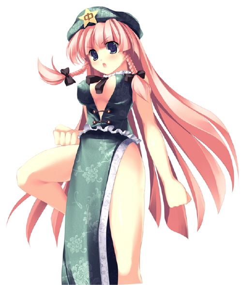 hong meiling, embodiment of scarlet devil, touhou, corrupted metadata, 1girl, blue eyes, blush, bow, braid, breasts, china dress, chinese clothes, cleavage, clenched hands, dress, female focus, fighting stance, hair bow, hat, long hair, medium breasts, open mouth, pink hair, red hair, solo, standing, standing on one leg, star (symbol), twin braids, very long hair