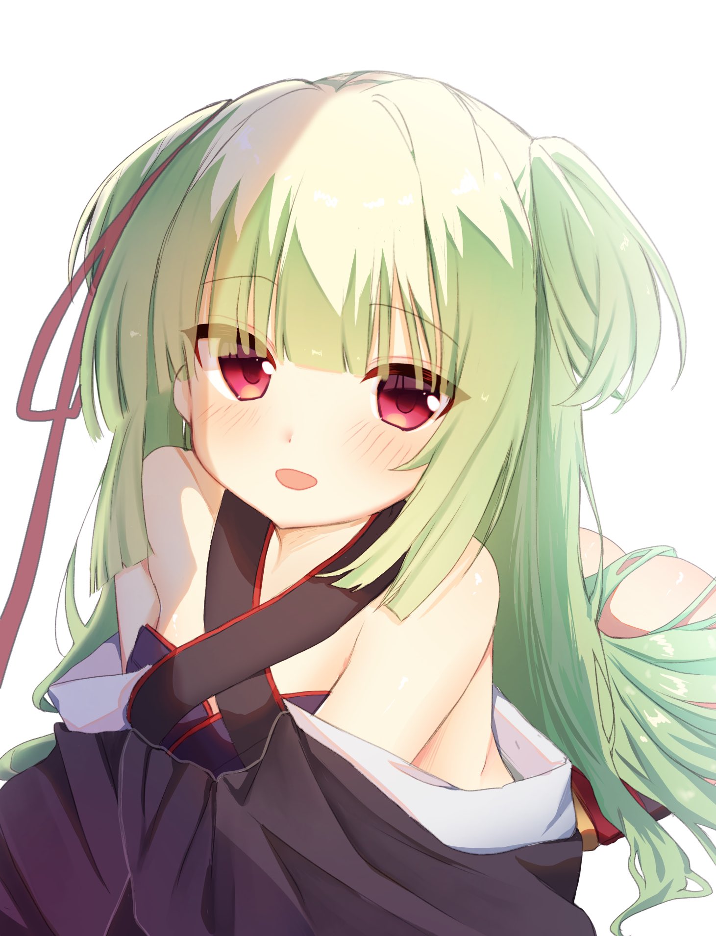 murasame (senren), senren banka, hair over ass, commentary request, highres, 1girl, :d, arm support, ass, azumaru a, bare shoulders, black kimono, blunt bangs, blunt ends, blush, breasts, criss-cross halter, eyes visible through hair, green hair, hair ribbon, hair spread out, halterneck, hime cut, japanese clothes, kimono, long hair, long sleeves, looking at viewer, lying, on stomach, open mouth, red eyes, red ribbon, ribbon, sidelighting, sidelocks, simple background, small breasts, smile, solo, straight hair, two side up, very long hair, white background, wide sleeves