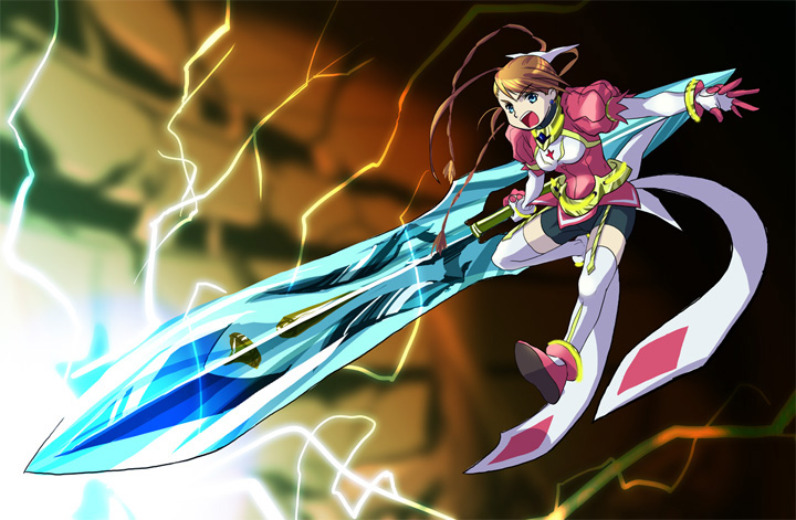 mura (kiyohime), arika yumemiya, my-otome, md5 mismatch, 00s, 1girl, bike shorts, bracelet, braid, brown hair, elbow gloves, energy, female focus, floating, full body, gloves, huge weapon, jewelry, long hair, looking at viewer, magical girl, multiple braids, open mouth, puffy sleeves, serious, shouting, solo, thighhighs, very long hair, weapon, zettai ryouiki