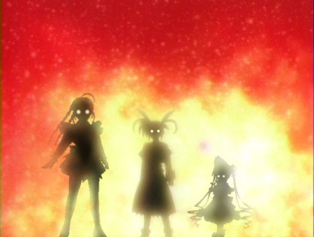 arika yumemiya, shinku, takamachi nanoha, lyrical nanoha, mahou shoujo lyrical nanoha, my-otome, rozen maiden, 00s, 3girls, ahoge, bonnet, braid, crossover, drill hair, fire, full body, glowing, glowing eyes, long hair, multiple girls, o o, silhouette, size difference, skirt, standing, twin braids, very long hair, white devil, you gonna get raped
