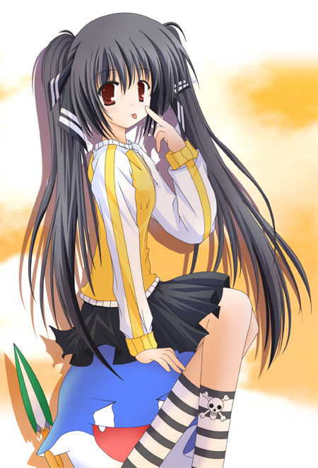 ayane yuu (iro asobi), dolfini (pangya), dolphini, kooh (pangya), pangya, md5 mismatch, resolution mismatch, source larger, 1girl, black hair, female focus, long hair, red eyes, ribbon, skirt, socks, solo, striped clothes, striped socks, tongue, twintails, umbrella