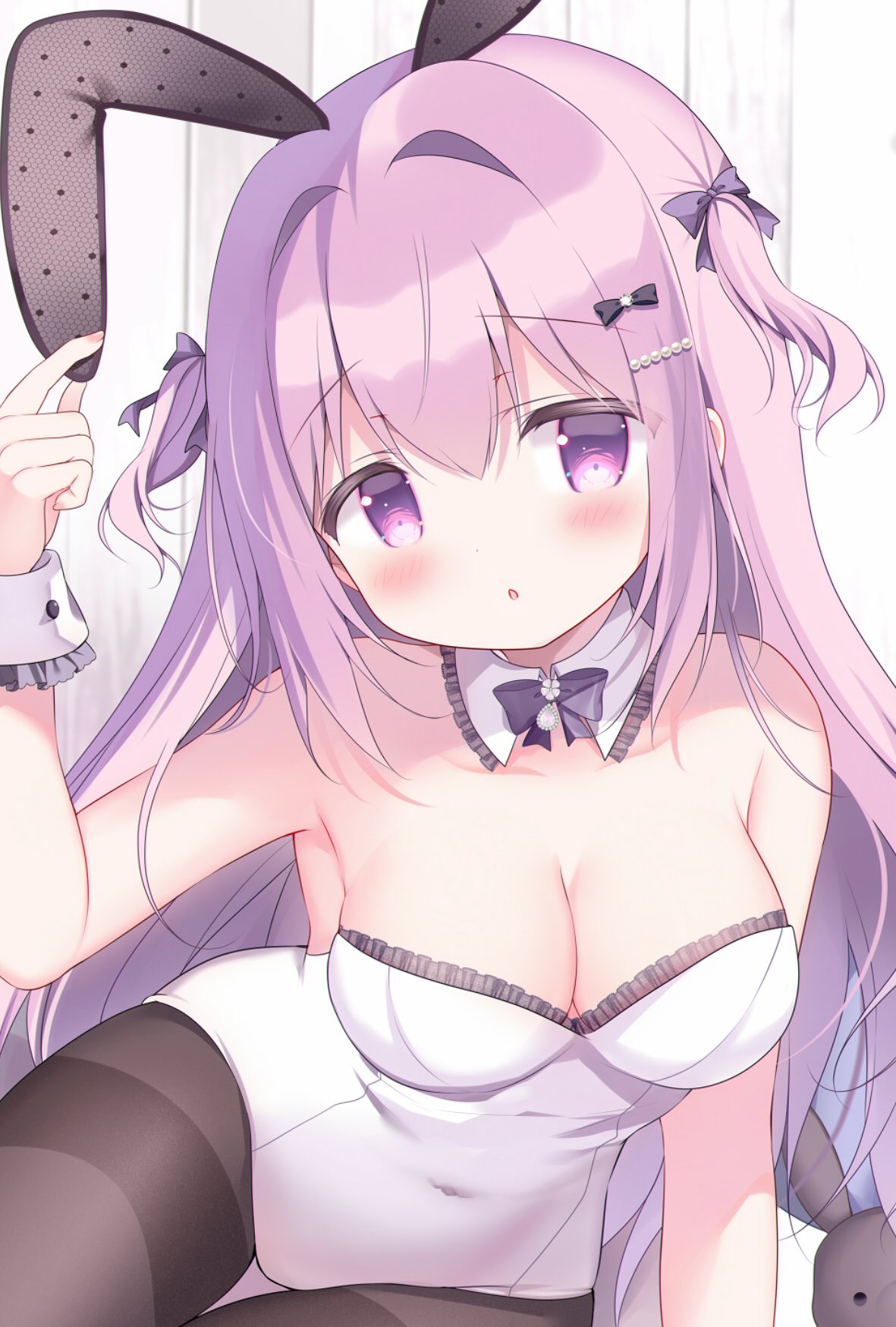 azumi kazuki, original, commentary request, highres, 1girl, arm up, bare shoulders, blush, bow, breasts, brown pantyhose, bunny day, cleavage, collar, covered navel, detached collar, frilled collar, frilled leotard, frills, hair between eyes, hair bow, hair intakes, hair ornament, hairclip, hand on own ear, leotard, looking at viewer, medium breasts, pantyhose, parted lips, pulling own ear, purple bow, purple eyes, purple hair, solo, strapless, strapless leotard, stuffed animal, stuffed rabbit, stuffed toy, thigh gap, thighband pantyhose, two side up, white collar, white leotard, wrist cuffs