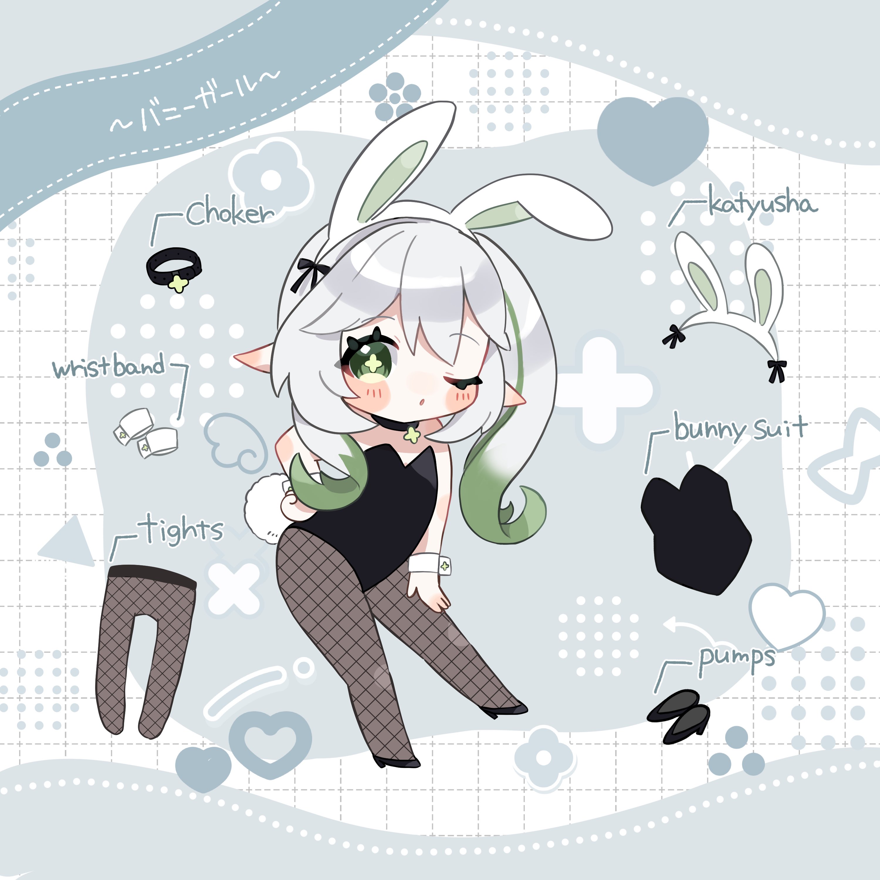 nanakusa yomogi, nahida (genshin impact), genshin impact, absurdres, commentary request, highres, translation request, 1girl, alternate costume, animal ear hairband, animal ears, black choker, black leotard, black pantyhose, black shoes, blush, chibi, chibi only, choker, cross-shaped pupils, english text, fake animal ears, fake tail, fishnet pantyhose, fishnets, full body, gradient hair, green eyes, green hair, hair between eyes, hairband, leotard, long hair, looking at viewer, mixed-language text, multicolored hair, one eye closed, pantyhose, playboy bunny, pointy ears, rabbit ears, rabbit tail, shoes, side ponytail, solo, strapless, strapless leotard, symbol-shaped pupils, tail, white hair, white hairband, white wrist cuffs, wrist cuffs
