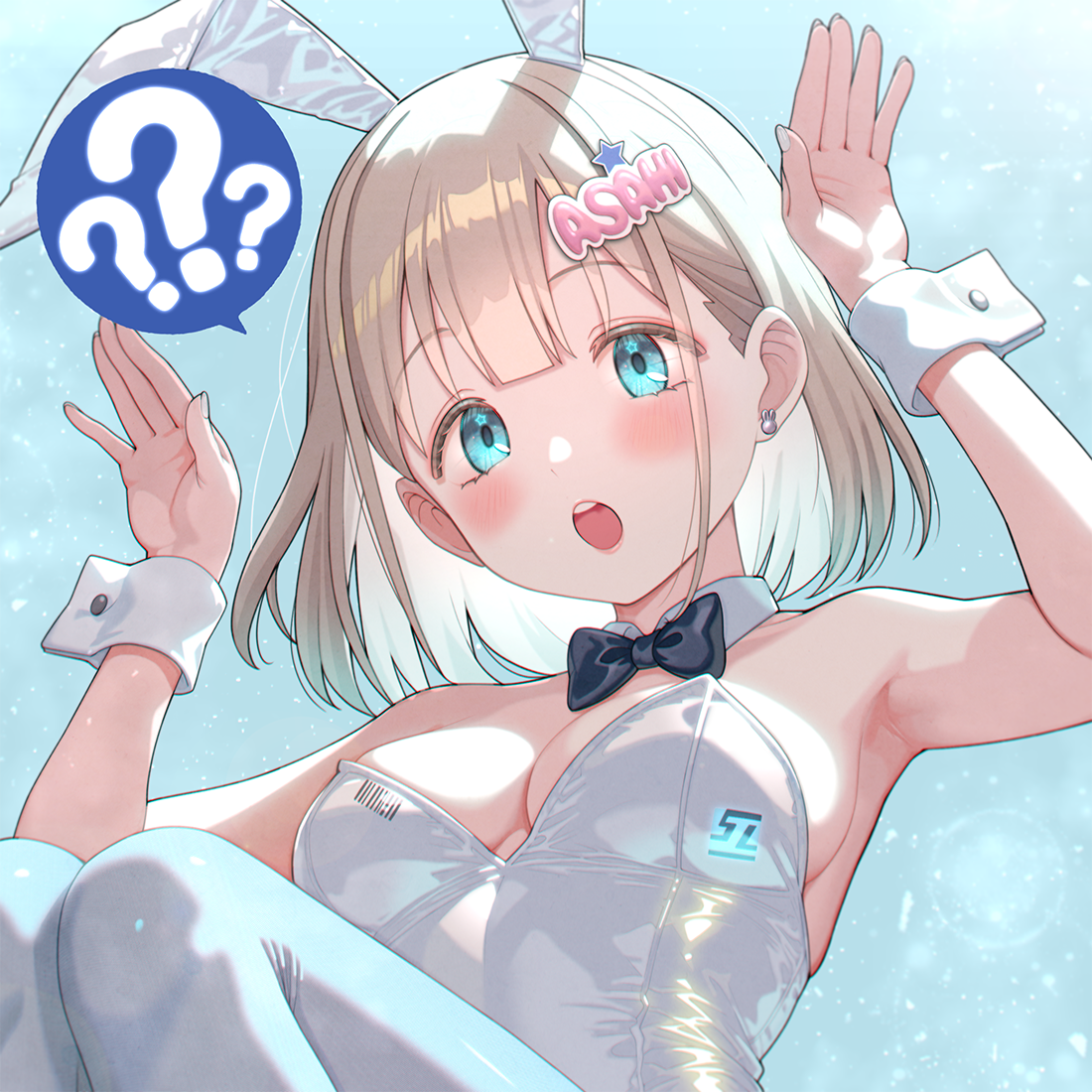 shizuru (daikoukaizidai), serizawa asahi, idolmaster, idolmaster shiny colors, commentary request, 1girl, :o, ?, animal ear hairband, animal ears, armpits, black bow, black bowtie, blunt bangs, blush, bow, bowtie, breasts, detached collar, earrings, fake animal ears, fingernails, grey hair, hairband, hands up, jewelry, legs folded, leotard, nail polish, playboy bunny, rabbit ear hairband, rabbit ears, rabbit pose, short hair, small breasts, solo, spoken question mark, strapless, strapless leotard, white leotard, wrist cuffs