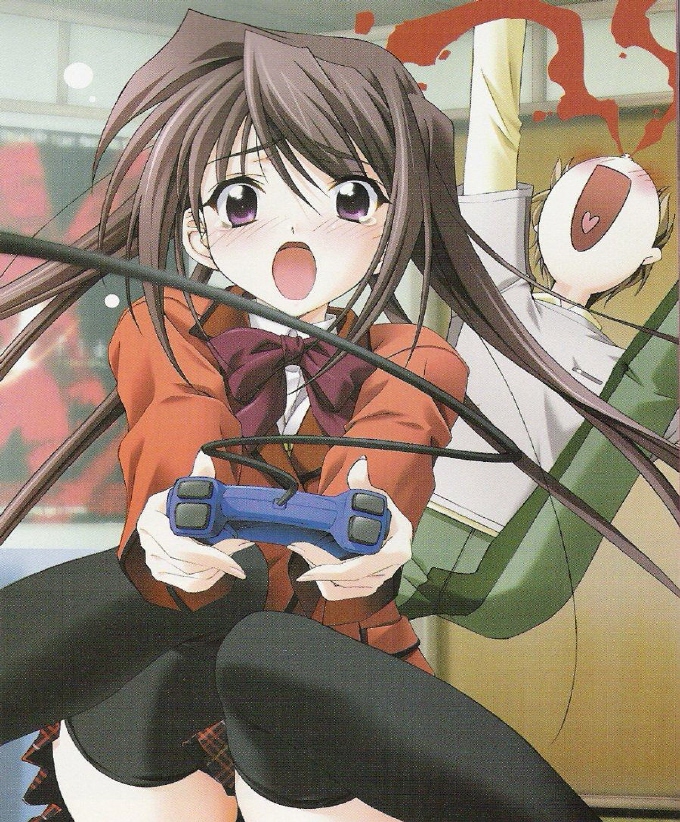 koshimizu takayuki, matsuo yukihiro, hina asuka, ozu shuuji, memories off, original, 1boy, 1girl, black thighhighs, blood, blouse, blurry, collared shirt, depth of field, failure, heart, heart in mouth, indoors, long hair, miniskirt, nosebleed, plaid clothes, plaid skirt, playing games, shirt, skirt, thighhighs, very long hair, video game, white shirt