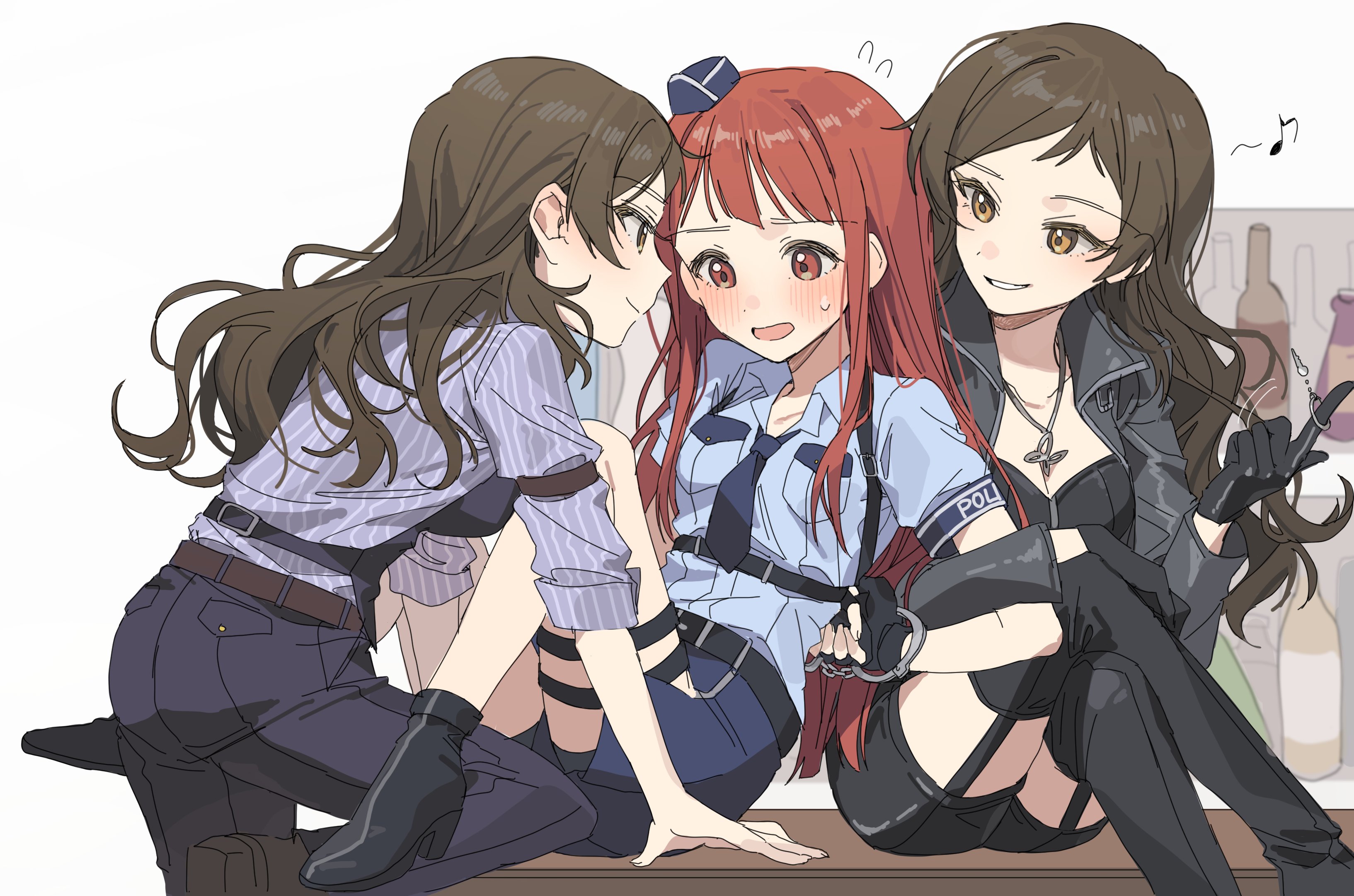 hano9789, kitazawa shiho, tanaka kotoha, idolmaster, idolmaster million live!, idolmaster million live! theater days, absurdres, highres, 2girls, bar (place), belt, black gloves, black jacket, blush, brown eyes, brown hair, concept police (idolmaster), concept shaker (idolmaster), cuffs, dual persona, flying sweatdrops, garrison cap, gloves, grin, handcuffs, hat, jacket, jewelry, leather, leather jacket, long hair, looking at another, multiple girls, musical note, necklace, necktie, official alternate costume, open mouth, pants, pinstripe pattern, pinstripe shirt, police, police uniform, policewoman, red eyes, red hair, sexy spy (idolmaster), shirt, sitting, smile, sweatdrop, yuri