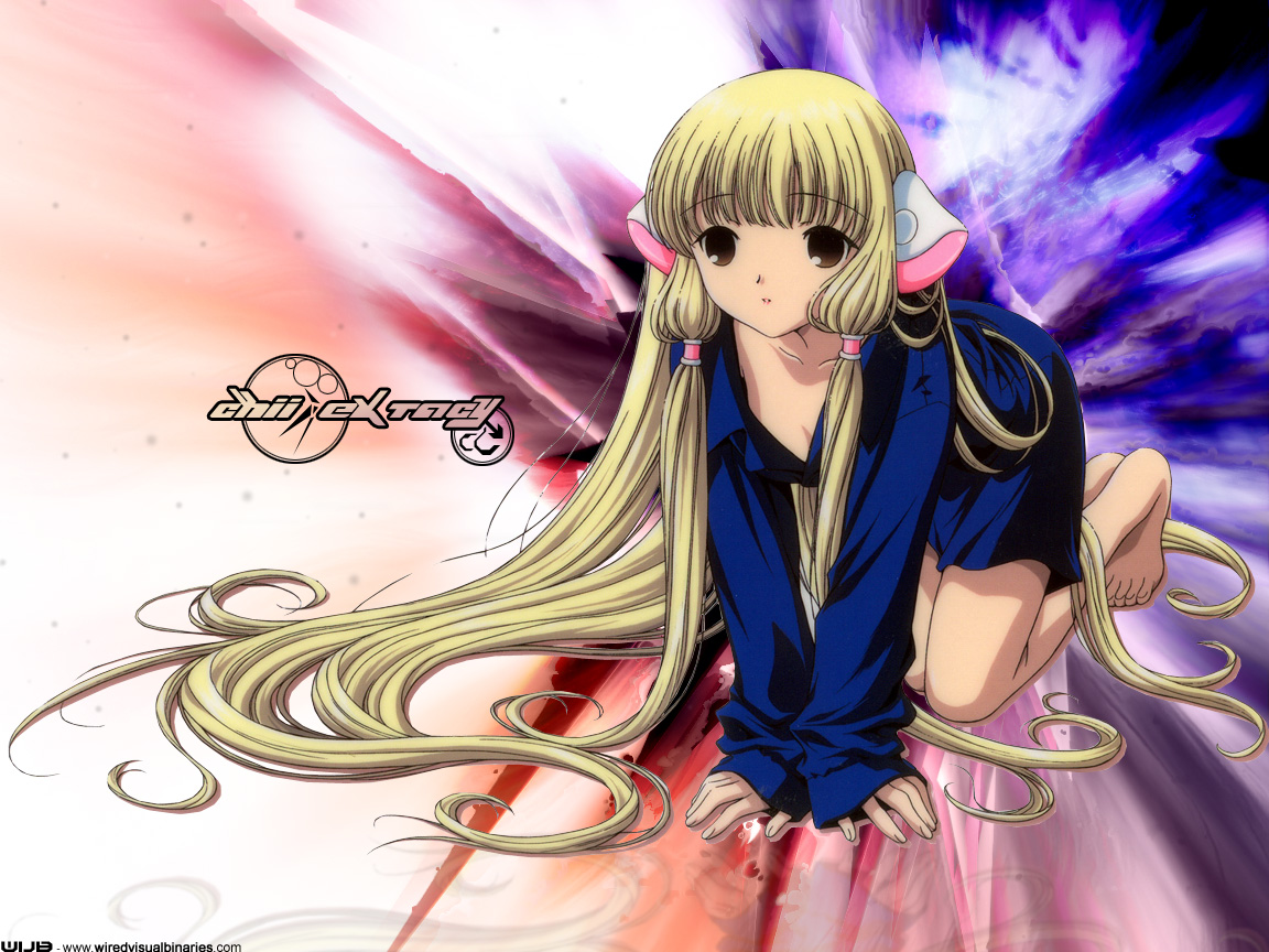 clamp, kimura masahiro, oioi, chii, chobits, 00s, 1girl, all fours, black eyes, blonde hair, female focus, hair spread out, long hair, nightshirt, sidelocks, solo, very long hair, watermark, web address