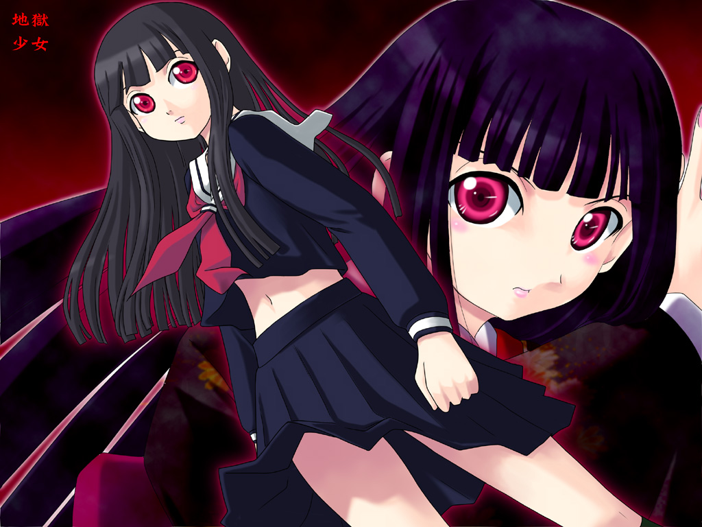 enma ai, jigoku shoujo, 00s, 1girl, black hair, black serafuku, blunt bangs, copyright name, hime cut, long hair, midriff, multiple views, pleated skirt, red eyes, school uniform, serafuku, skirt, wind, wind lift