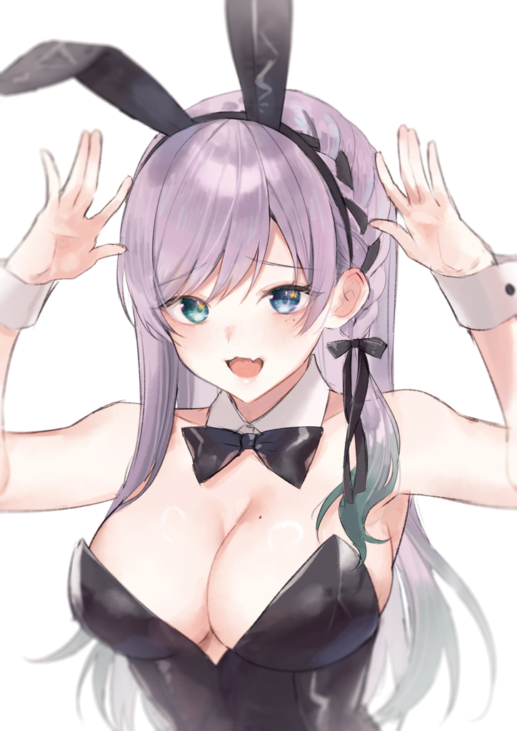 midorikawa you, original, commentary, symbol-only commentary, 1girl, :d, animal ears, arms up, bare shoulders, black bow, black bowtie, black leotard, blue eyes, bow, bowtie, braid, breasts, bunny day, collarbone, fang, gradient hair, green eyes, green hair, hair bow, heterochromia, leotard, long hair, looking at viewer, mole, mole on breast, multicolored hair, open mouth, playboy bunny, purple hair, rabbit ears, simple background, smile, solo, strapless, strapless leotard, upper body, very long hair, white background, wrist cuffs