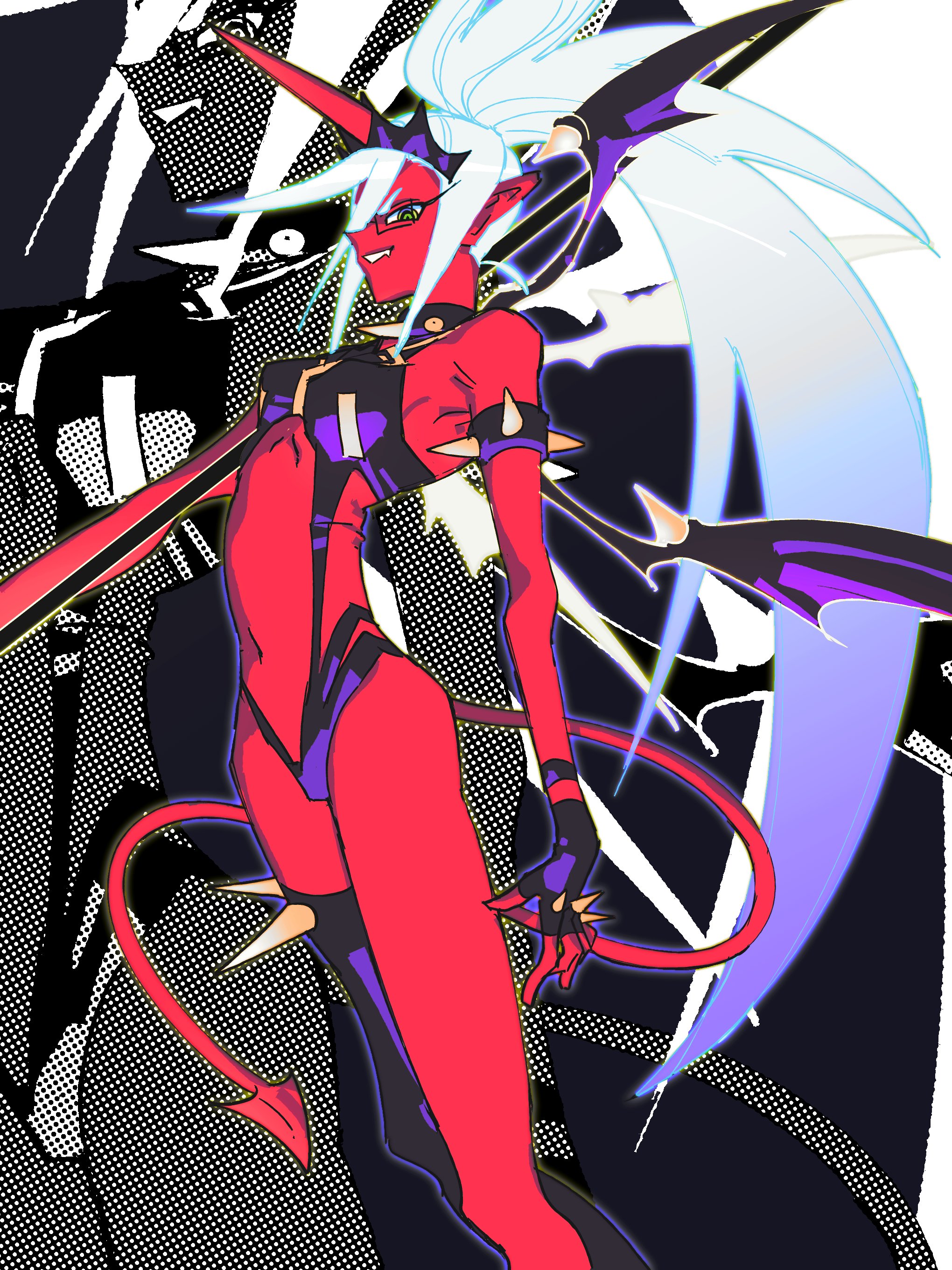 kneesocks (psg), panty & stocking with garterbelt, absurdres, highres, 1girl, asami poe n, breasts, collar, demon girl, demon horns, demon wings, flipped bangs, glasses, green eyes, high heels, horns, long hair, looking at viewer, medium breasts, ponytail, wings