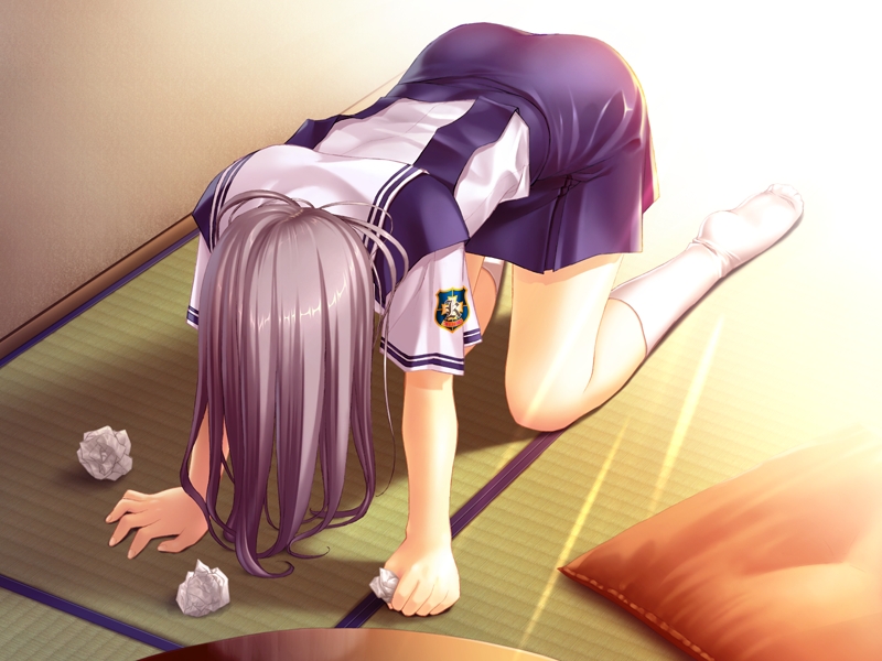 fumio (ura fmo), sakagami tomoyo, clannad, tomoyo after, game cg, 00s, 1girl, female focus, indoors, kneehighs, long hair, long legs, prostration, school uniform, serafuku, socks, solo, tatami