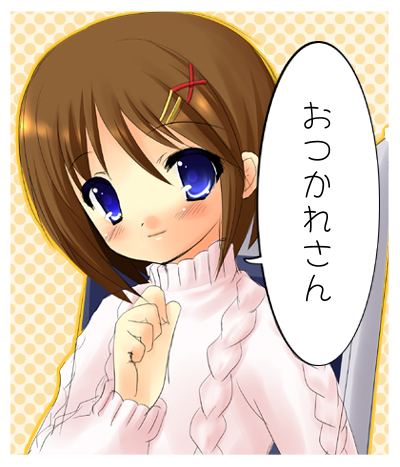 yukizuki chikuba, yagami hayate, lyrical nanoha, mahou shoujo lyrical nanoha, mahou shoujo lyrical nanoha a's, lowres, 00s, 1girl, blue eyes, brown hair, female focus, hair ornament, hairclip, head tilt, ribbed sweater, short hair, solo, sweater, turtleneck, x hair ornament