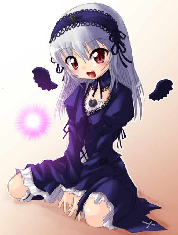 suigintou, rozen maiden, silver hair, 00s, red eyes, smile, solo, wings