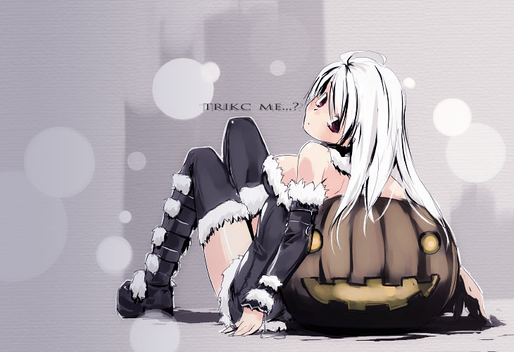 refeia, 1girl, ahoge, detached sleeves, english text, engrish text, female focus, grey background, halloween, jack-o'-lantern, pumpkin, ranguage, red eyes, solo, thighhighs, typo, white hair