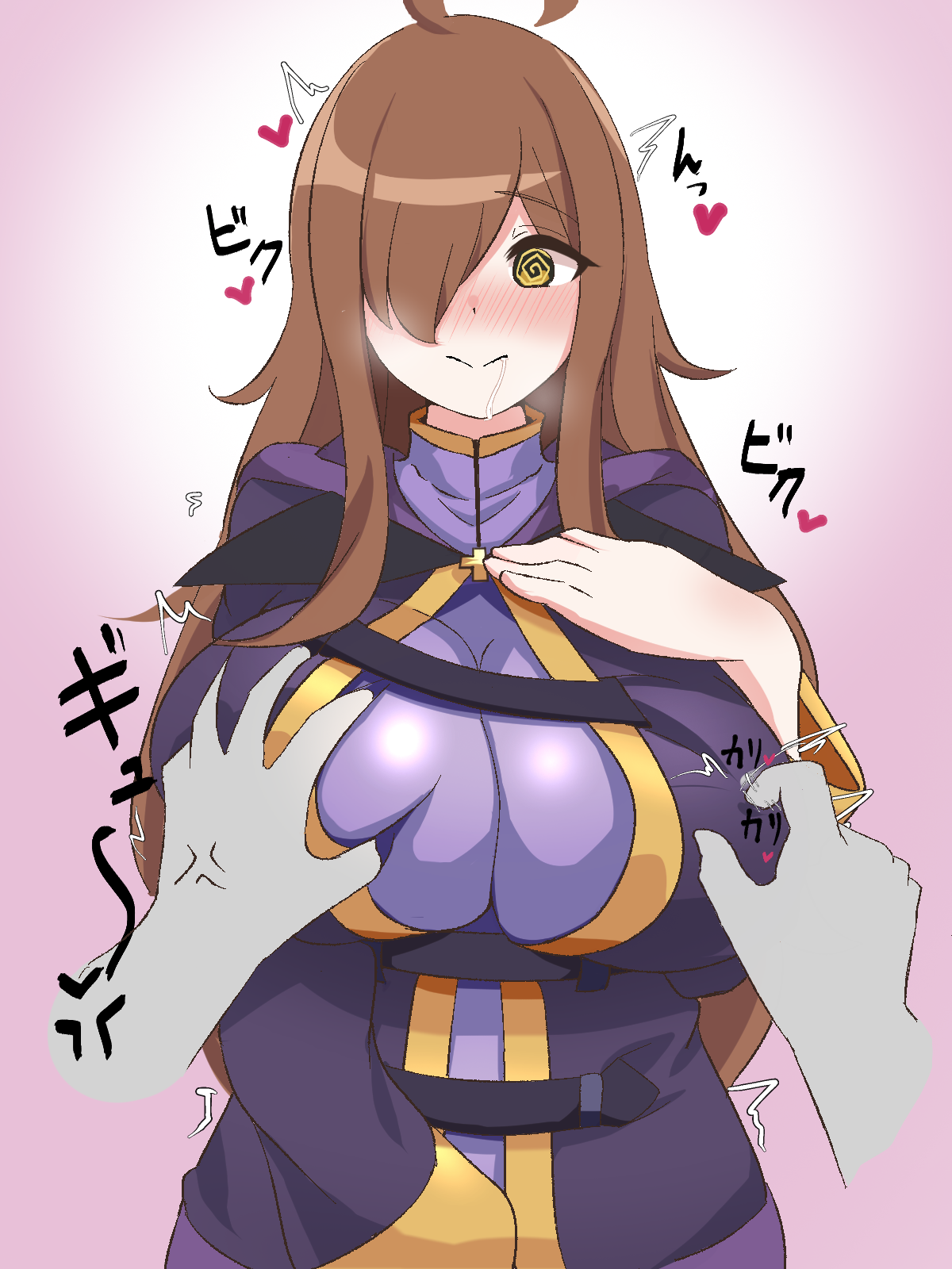 hatenamaru, wiz (konosuba), kono subarashii sekai ni shukufuku wo!, variant set, 1boy, 1girl, @ @, antenna hair, between legs, blush, breasts, brown hair, closed mouth, disembodied hand, dot nose, dress, drooling, excited, grabbing another's breast, gradient background, groping, hair over one eye, hand between legs, hand on own chest, hetero, huge breasts, long hair, long sleeves, looking at viewer, mind control, nipple stimulation, nipple tweak, nipple tweak through clothes, pink background, purple dress, purple robe, robe, saliva, simple background, solo focus, two-tone background, two-tone robe, upper body, white background