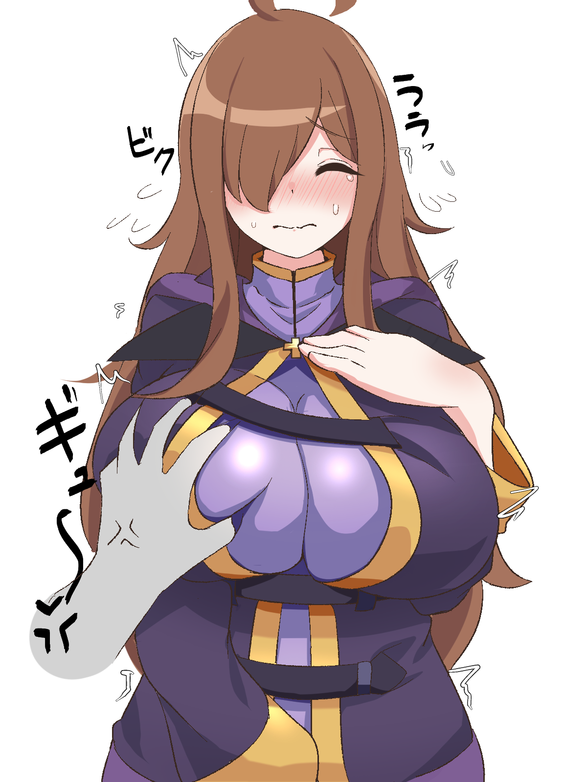 hatenamaru, wiz (konosuba), kono subarashii sekai ni shukufuku wo!, variant set, 1boy, 1girl, antenna hair, between legs, blush, breasts, brown hair, closed eyes, closed mouth, disembodied hand, dot nose, dress, embarrassed, grabbing another's breast, groping, hair over one eye, hand between legs, hand on own chest, hetero, huge breasts, long hair, long sleeves, purple dress, purple robe, robe, shy, simple background, solo focus, two-tone robe, upper body, white background