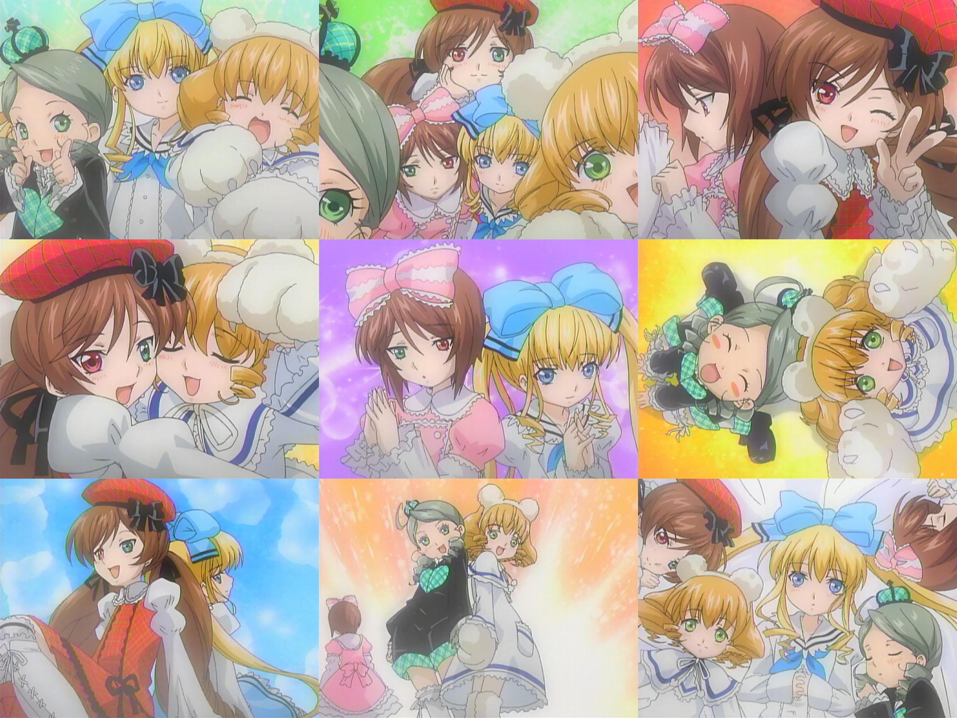 kanaria, shinku, suiseiseki, rozen maiden, anime screenshot, highres, tagme, 00s, 5girls, animal hands, everyone, heterochromia, multiple girls, own hands clasped, own hands together